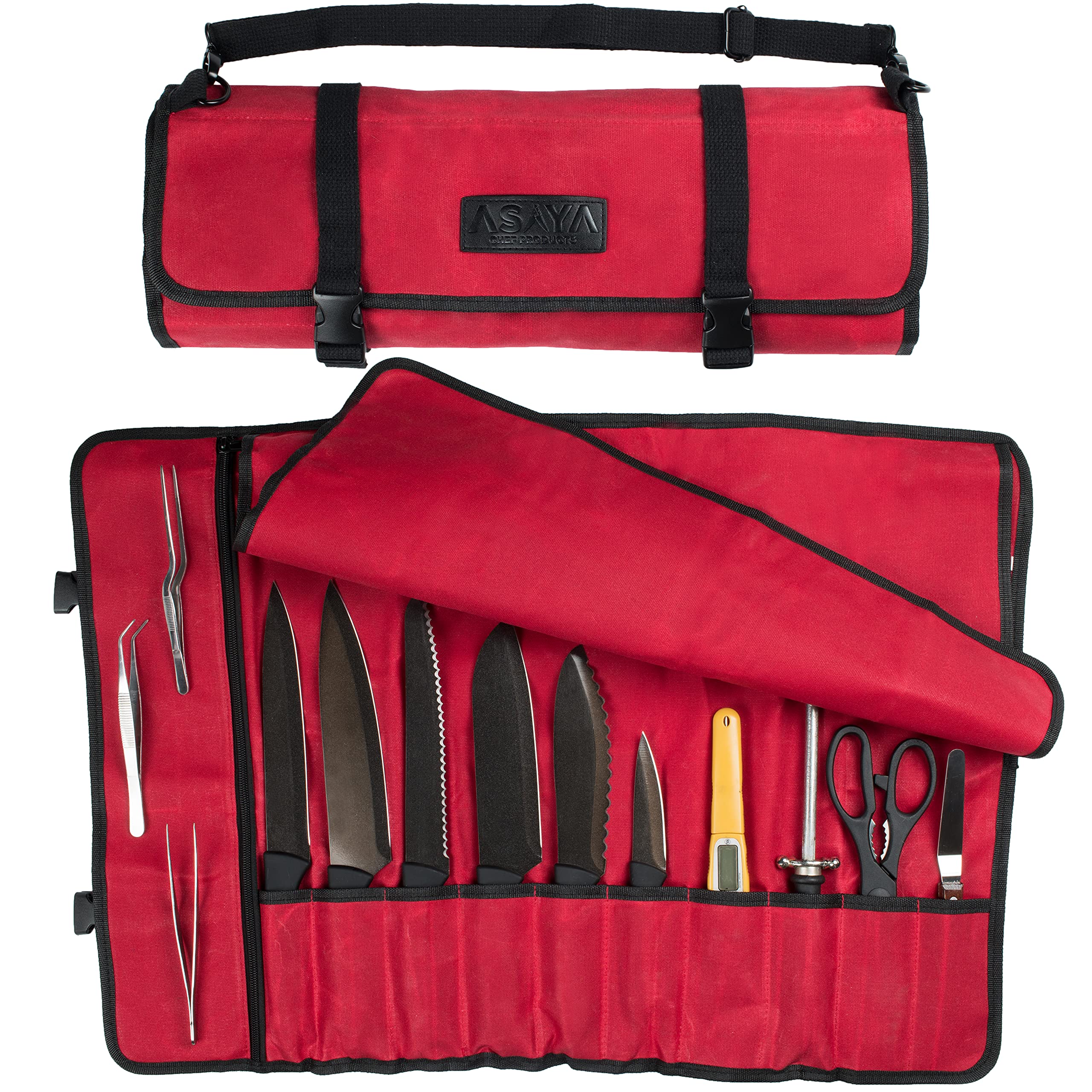 Asaya Canvas Chef Knife Roll Bag - 10 Knife Slots and a Large Zipper Pocket - Durable 10oz Canvas Knife Case with an Adjustable Shoulder Strap - Knives not Included (Red)