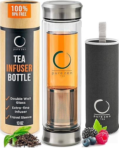 Pure Zen vaso de té con infusor sin BPA vaso de doble pared, taza de viaje para té con filtro de acero inoxidable,a prueba de pérdidas, té botella