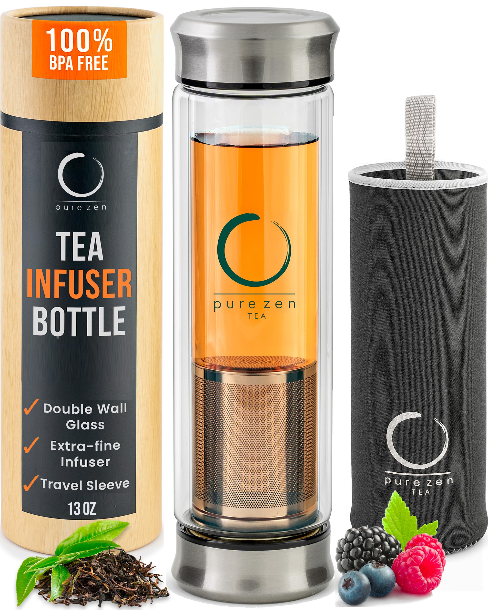 Pure Zen Tea Tumbler with Infuser - Double Wall Glass Travel Mug with Stainless Steel Filter - Leakproof Tea Infuser Bottle for Loose Leaf Infusions and Fruit Infused Water - Unique Gift Set - 13 oz