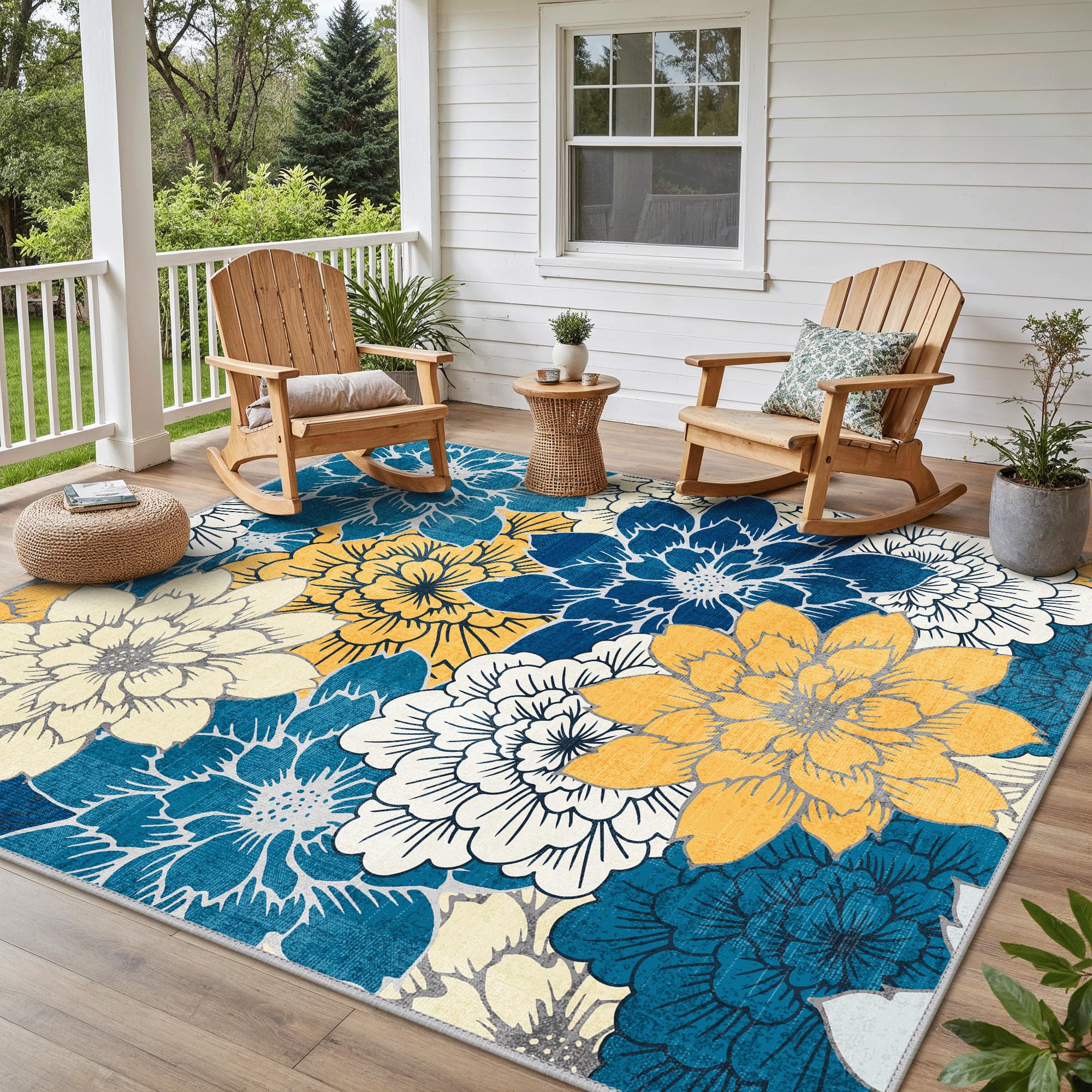 GENIMO Indoor Outdoor Area Rug 8' X 10' Waterproof, Washable Patio Rug Non Shedding, Easy Cleaning Floral Outdoor Carpet for Living Room, Bedroom,