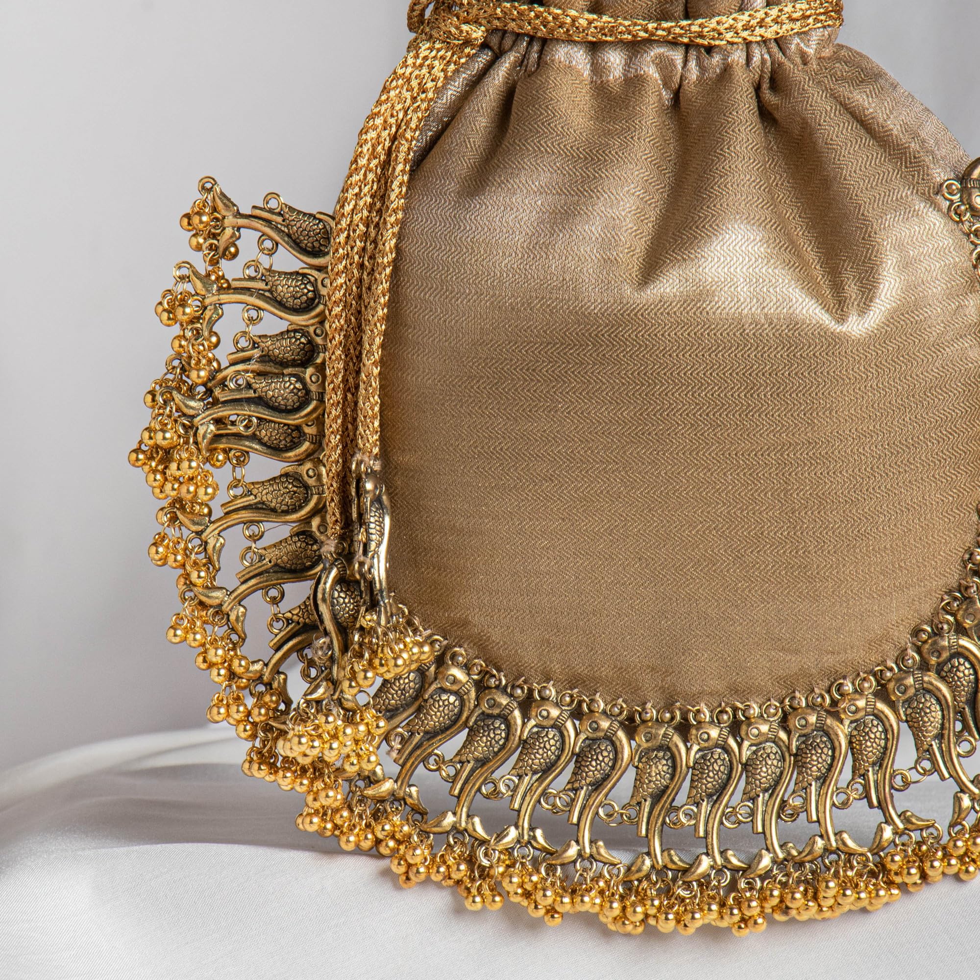 Amayra Luxe Tissue Silk Metal Peacock Gota Hand Embroidery Work Potli Bag for Ladies & Girls | Women Shagun Pouches for Festive Seasons | Batwa Bag Bridal Purse With Embroidery. (Golden) 1