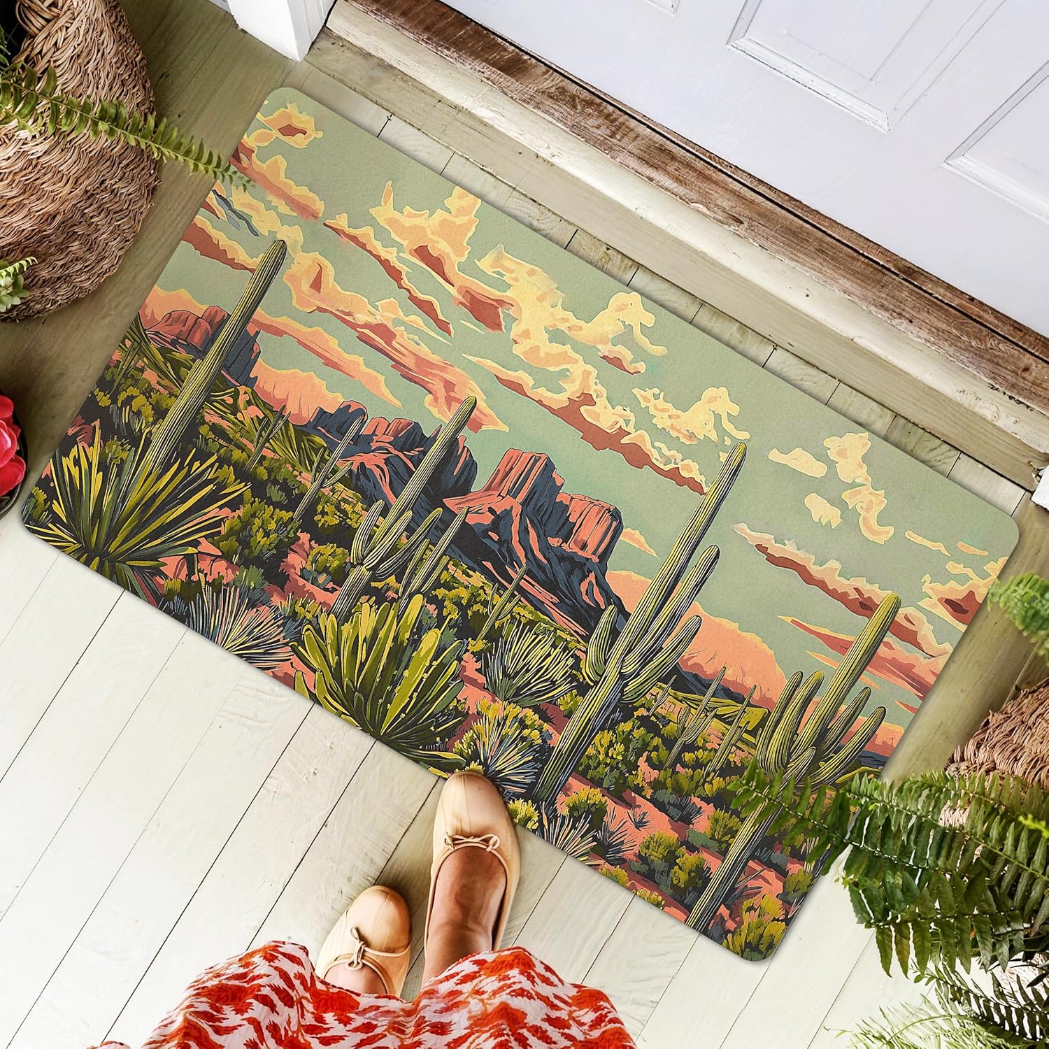 Western Cactus Desert Door Mat, Western Landscape Front Door Mat Rug Outdoor Indoor Entrance, Vintage Southwest Cactus Desert Artificial Coir Doormat for Porch Patio Entry, 30x17 Inch