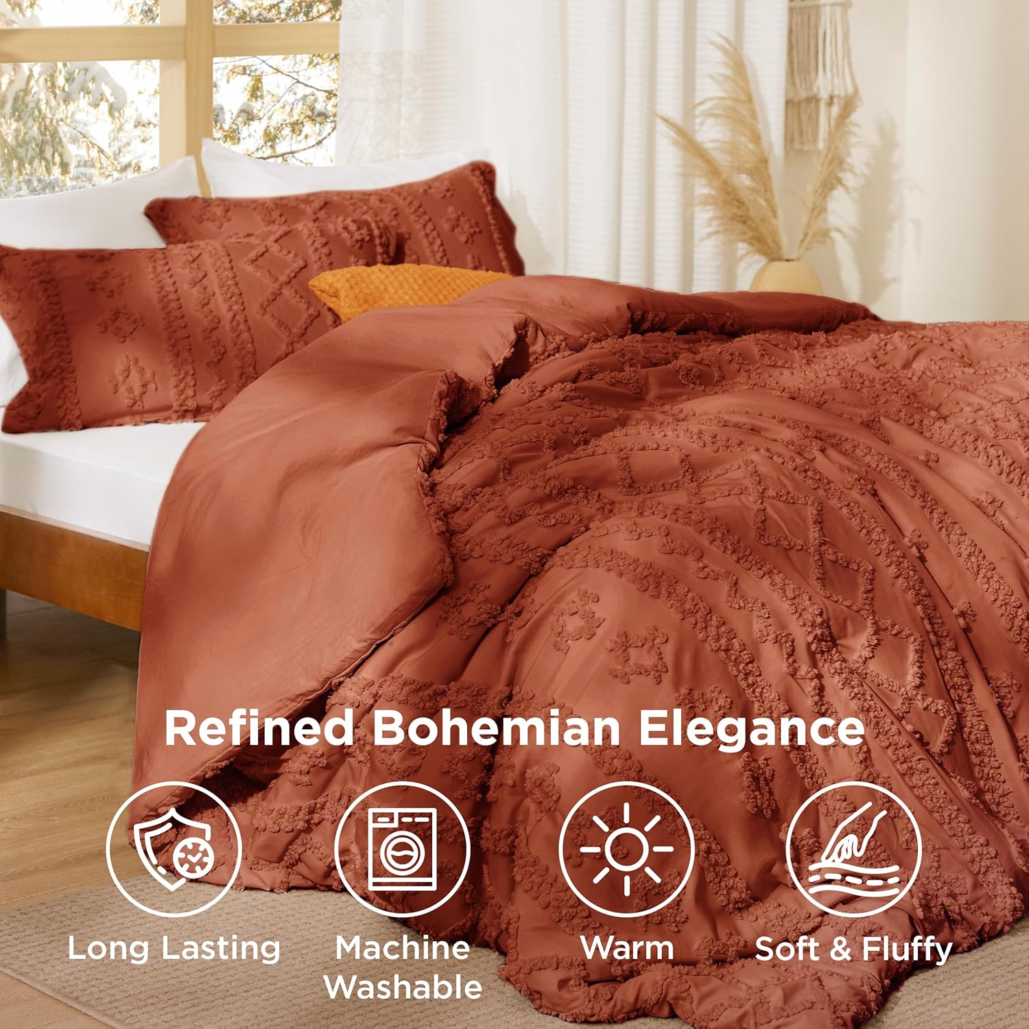 Bedsure Tufted Boho Comforter Set Full Size - Terracotta Boho Bed Set, GentleSoft™ 3 Pieces Farmhouse Shabby Chic Embroidery Bedding, Gifts for Woman, Soft Jacquard Full Comforter for All Seasons - Image 4