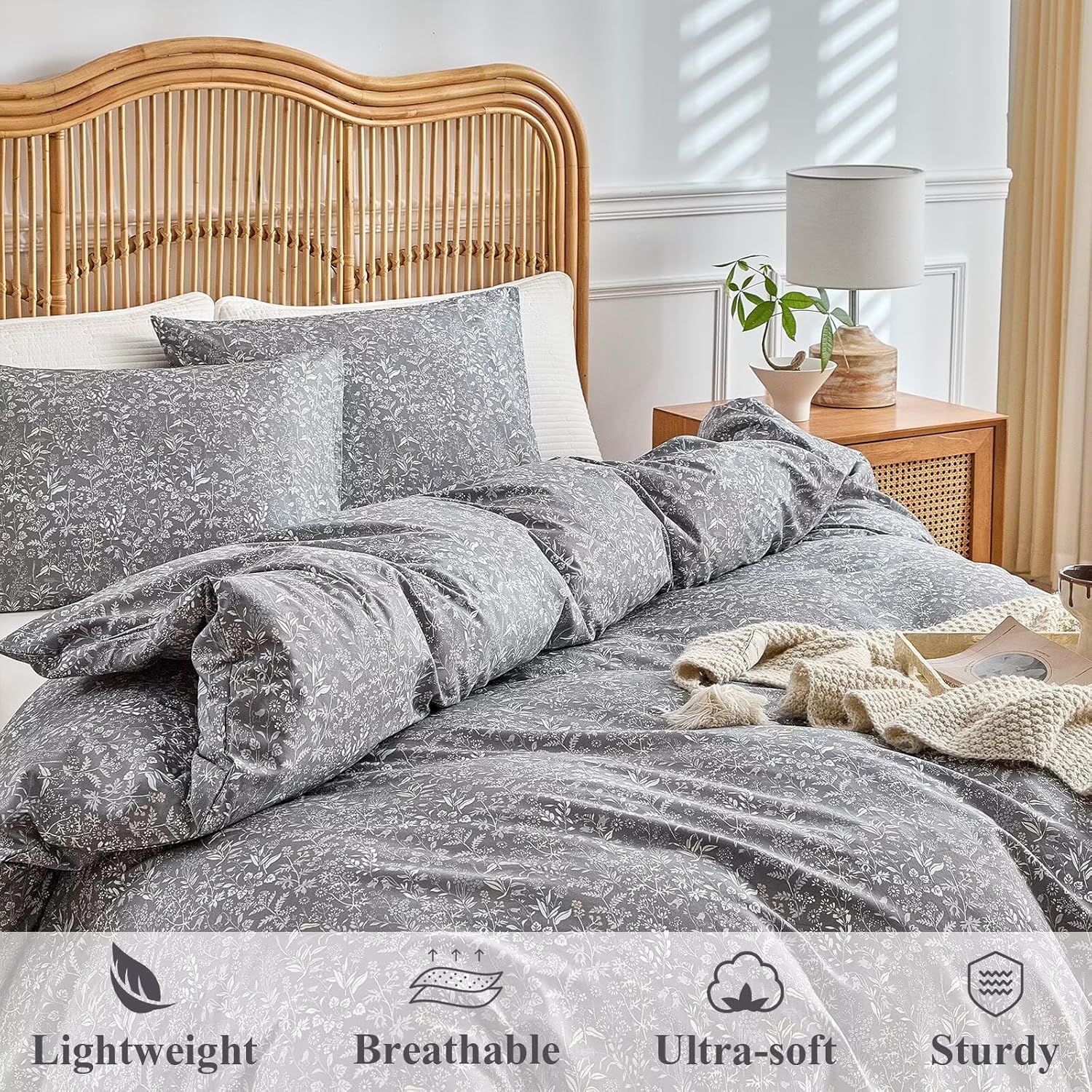3 Pcs Comforter Sets for All Season Use Full Size Floral Rustic Farmhouse 80"X90" Bedding Set 1 Comforter and 2 Pillow Shams Prewashed Ultra Soft Warm Fluffy Lightweight Full Bed Set Grey