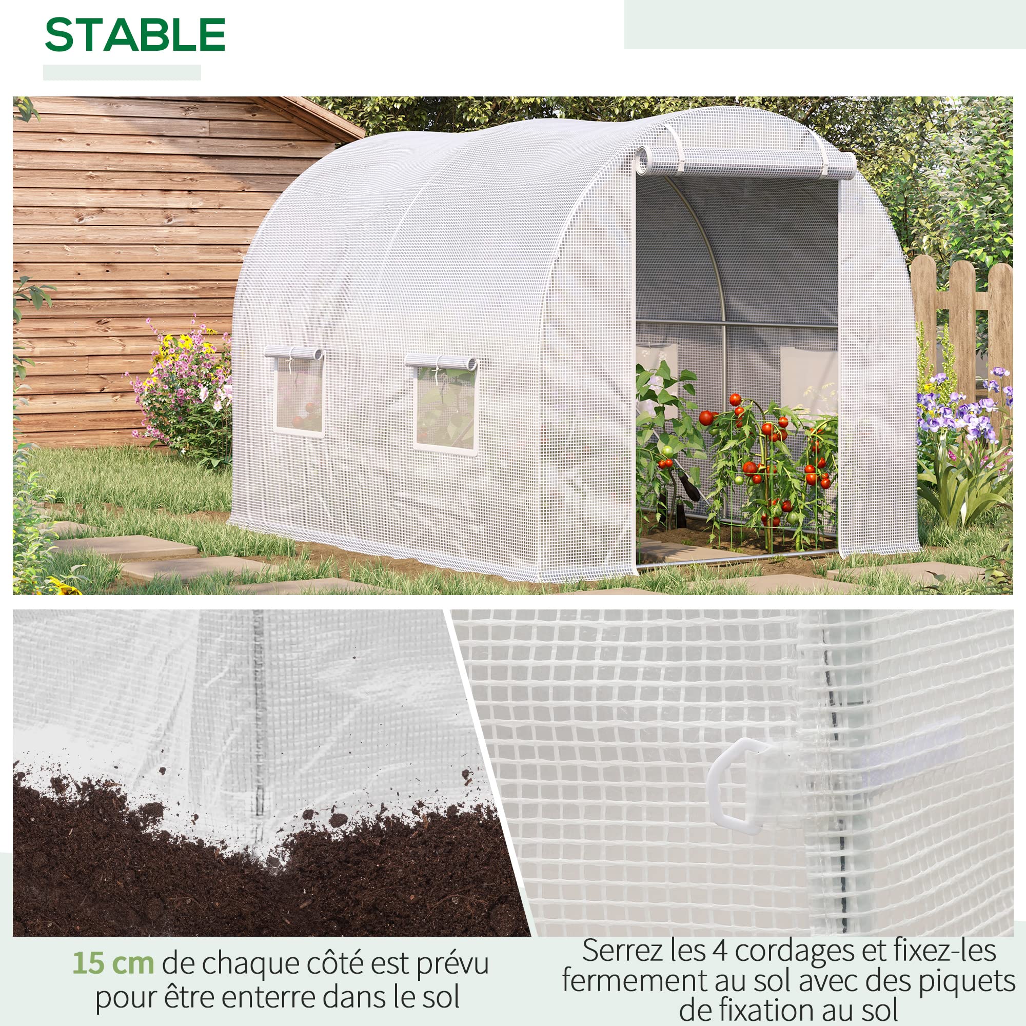 Outsunny Serre de Jardin Tunnel 6 m² 3L x 2l x 1,9H m Porte Blanc | Acier Galvanisé Renforcé Ø 2,4 cm， Fenêtres, PE Haute Densité