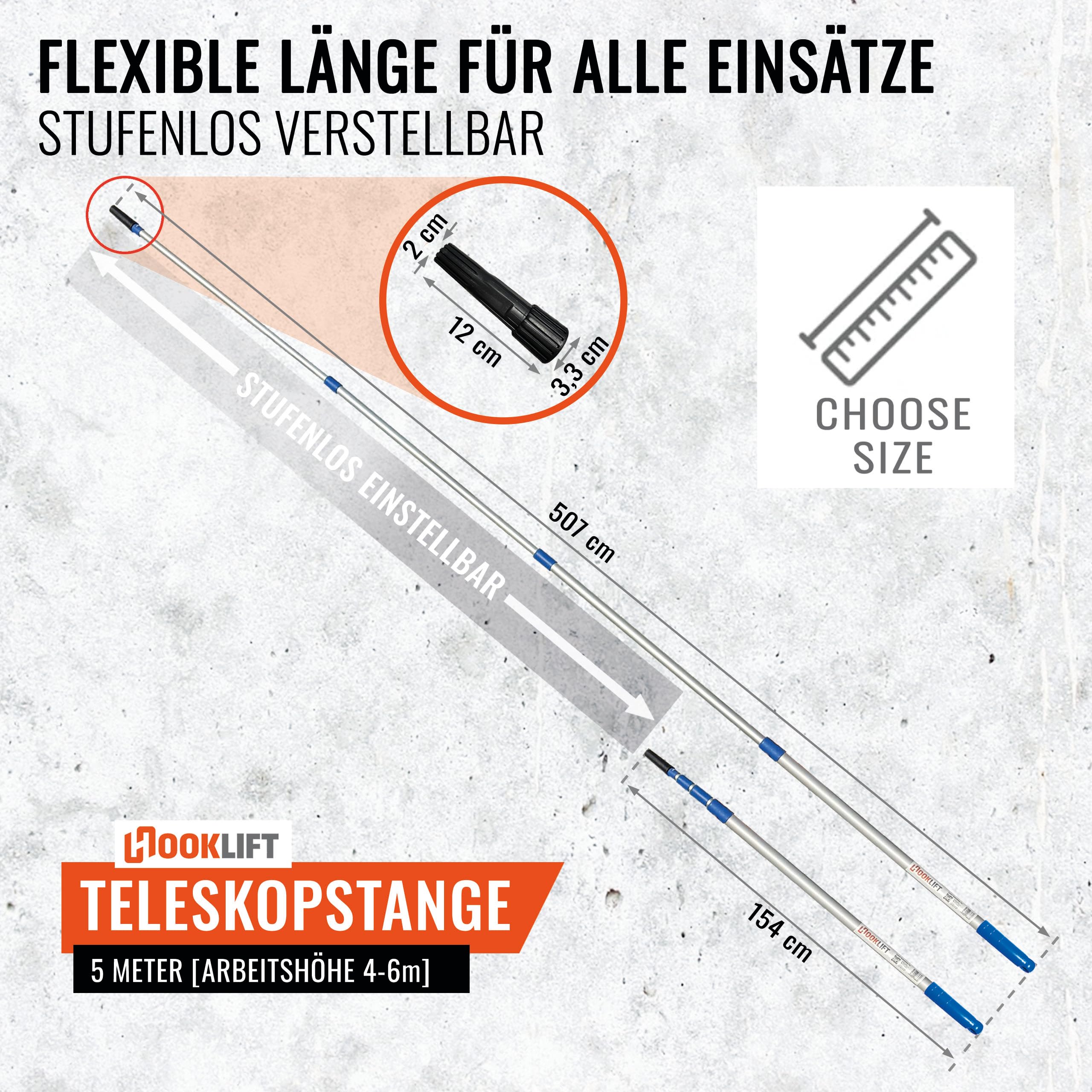 die KÜRZESTE 5m Alu-Teleskopstange mit Adapter, stufenlos von 154 bis 505 cm verstellbar; ideal für das neuartige Magnet-Haken-System und für weitere Werkzeugaufsätze nutzbar