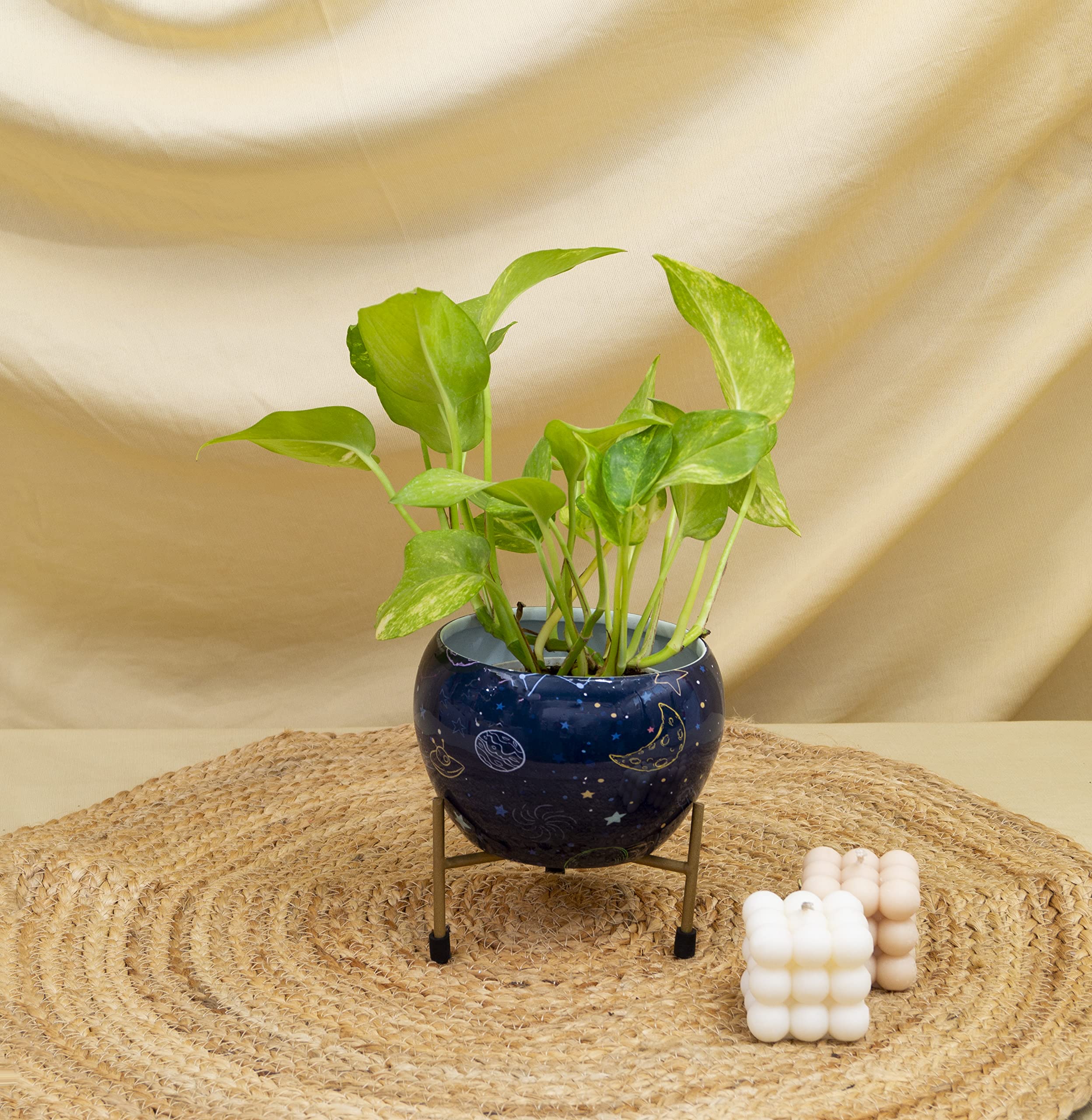 KYARIKYARI Decorative Space Design Planter Pot with Tripod Metal Stand for Home and Garden Use | Rust Free Gamla/Vase | Size: H 10 * 13 Cm; Stand H 7 Cm | Single Set | Plants Not Included