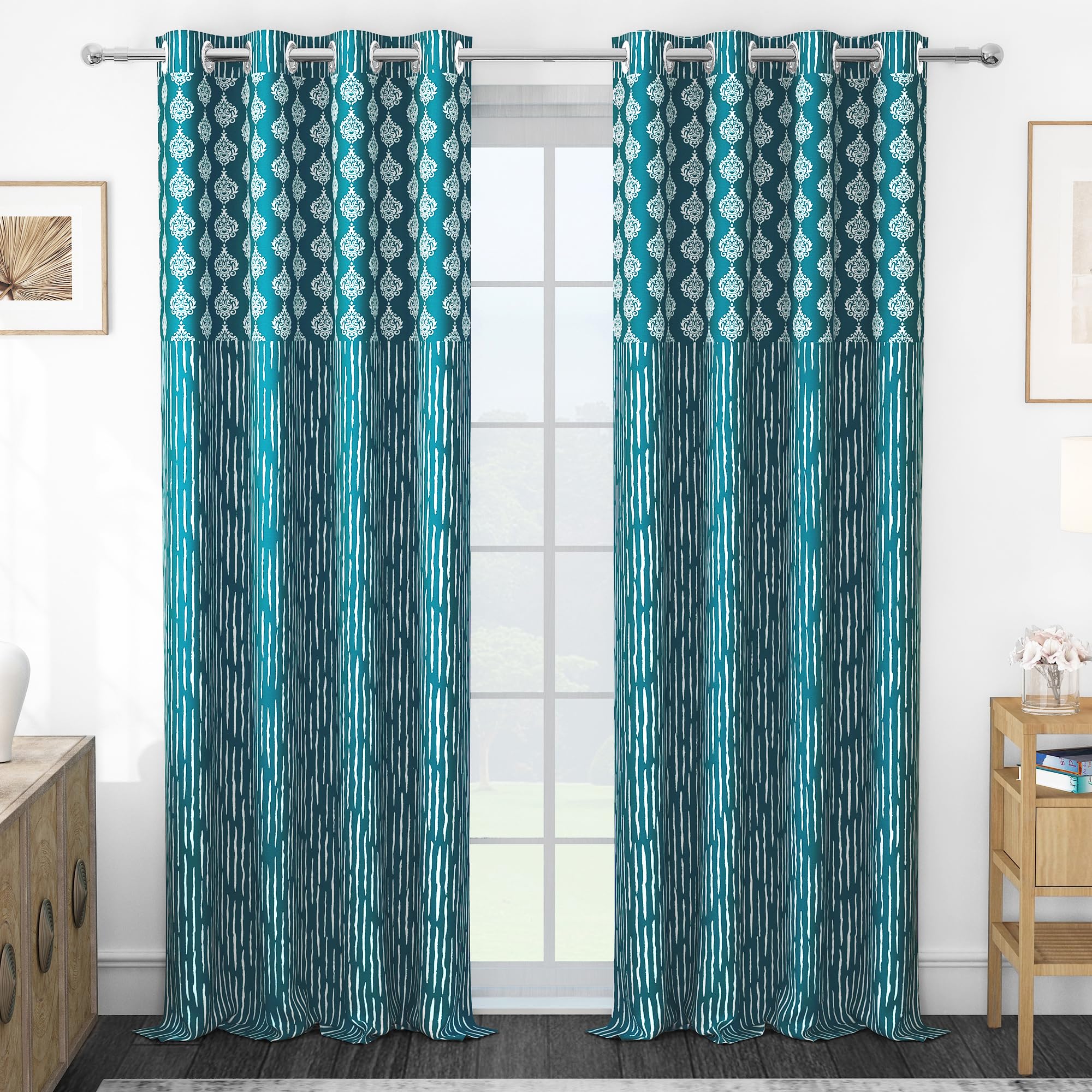 Semi Long Door Curtains 8 Feet Long Pack of 1 | Damask Printed | Medium Room Darkening Curtain | Curtains for Living Room | (118 x 242 cm, Blue & White) | Perfect for Home Décor