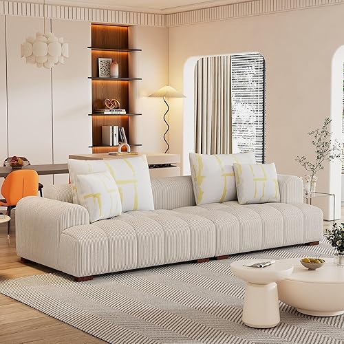 Lifeand Sofá moderno de pana de 103.9 pulgadas, patas de madera de goma, 4 almohadas para sala de estar, dormitorio, sofás de oficina, color beige