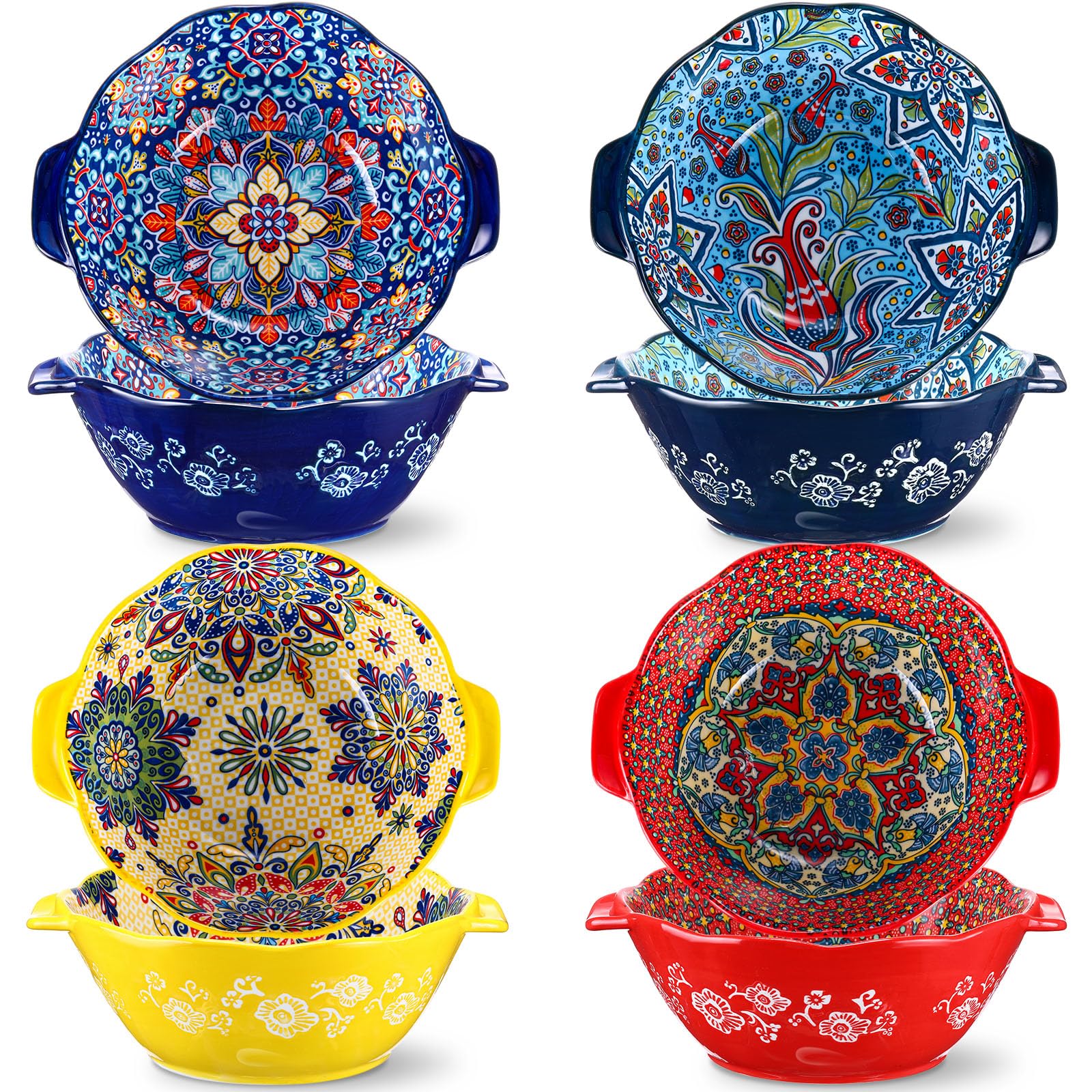 Lallisa 4 Pack Ceramic Soup Bowls 40 oz Large Porcelain Serving Bowl Set with Double Handle Multicolor Pasta Bowls Soup Crocks for French Onion Soup Cereal Stew Chill Pot Pies, Microwave and Oven Safe