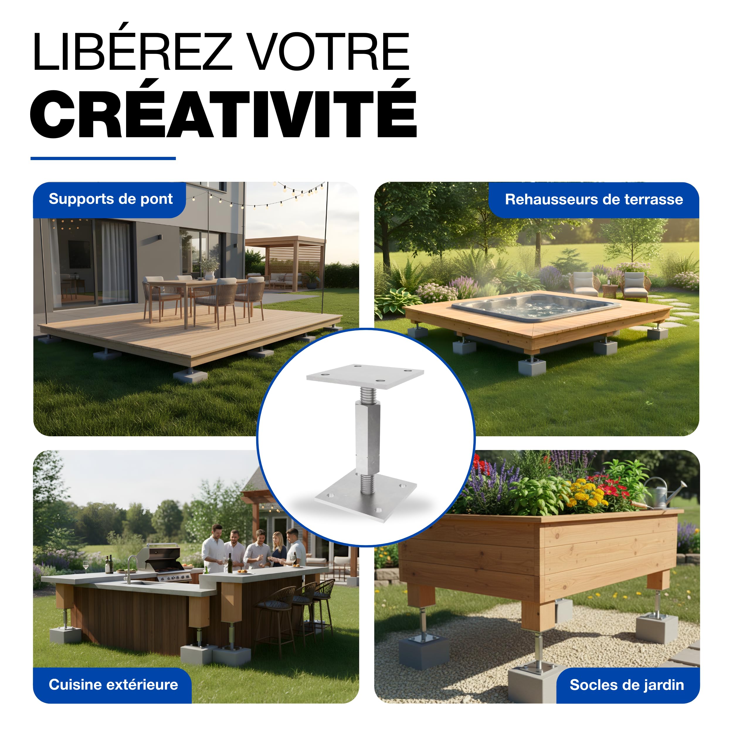 GeZu Impex Support de poteau Galvanoplastie Lot de 8 100 x 100 mm hauteur reglable platine bois pied poteaux clôture