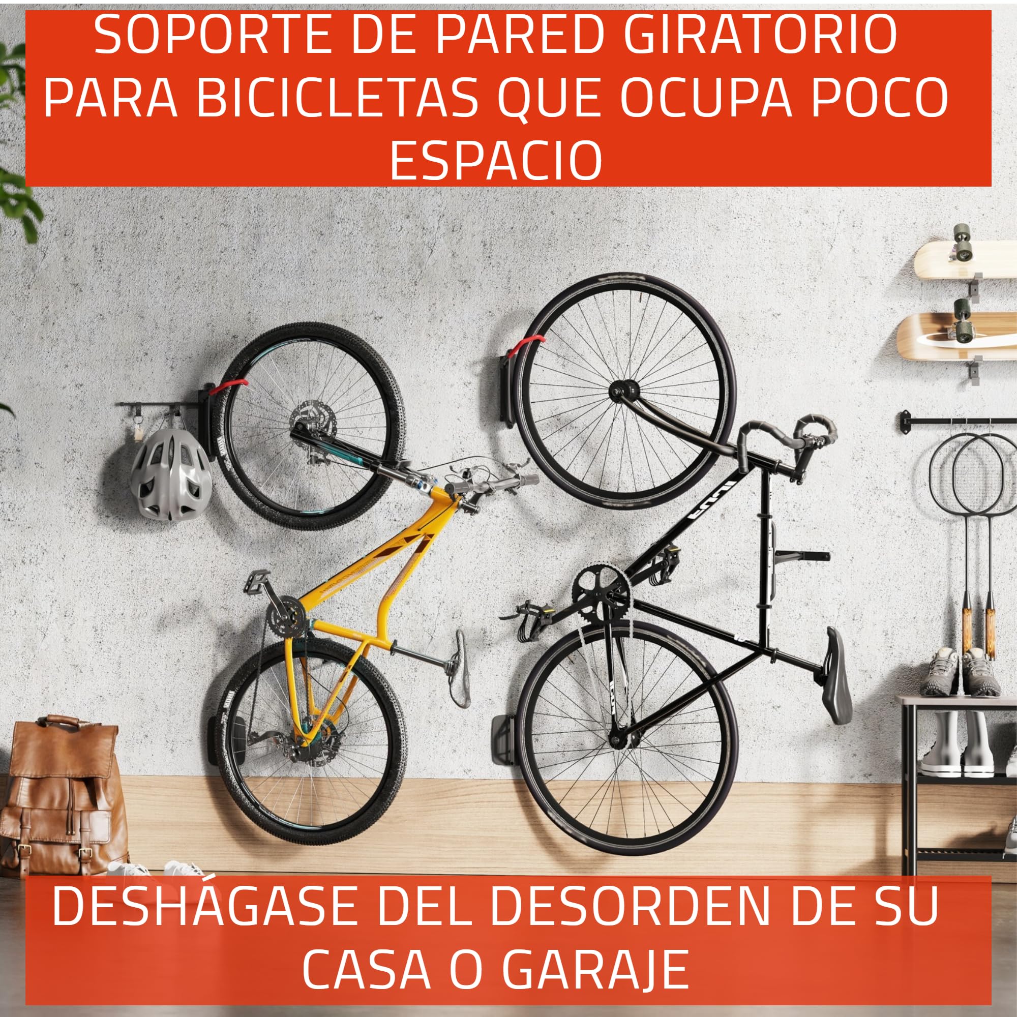 BeWise Soporte Bicicletas Pared Giratorio - Colgador Bicicleta Pared con Capacidad de 35 Kg - Soporte Pared Bicicleta con Tornillos de Montaje en Pared Incluidos - Garantía de por Vida