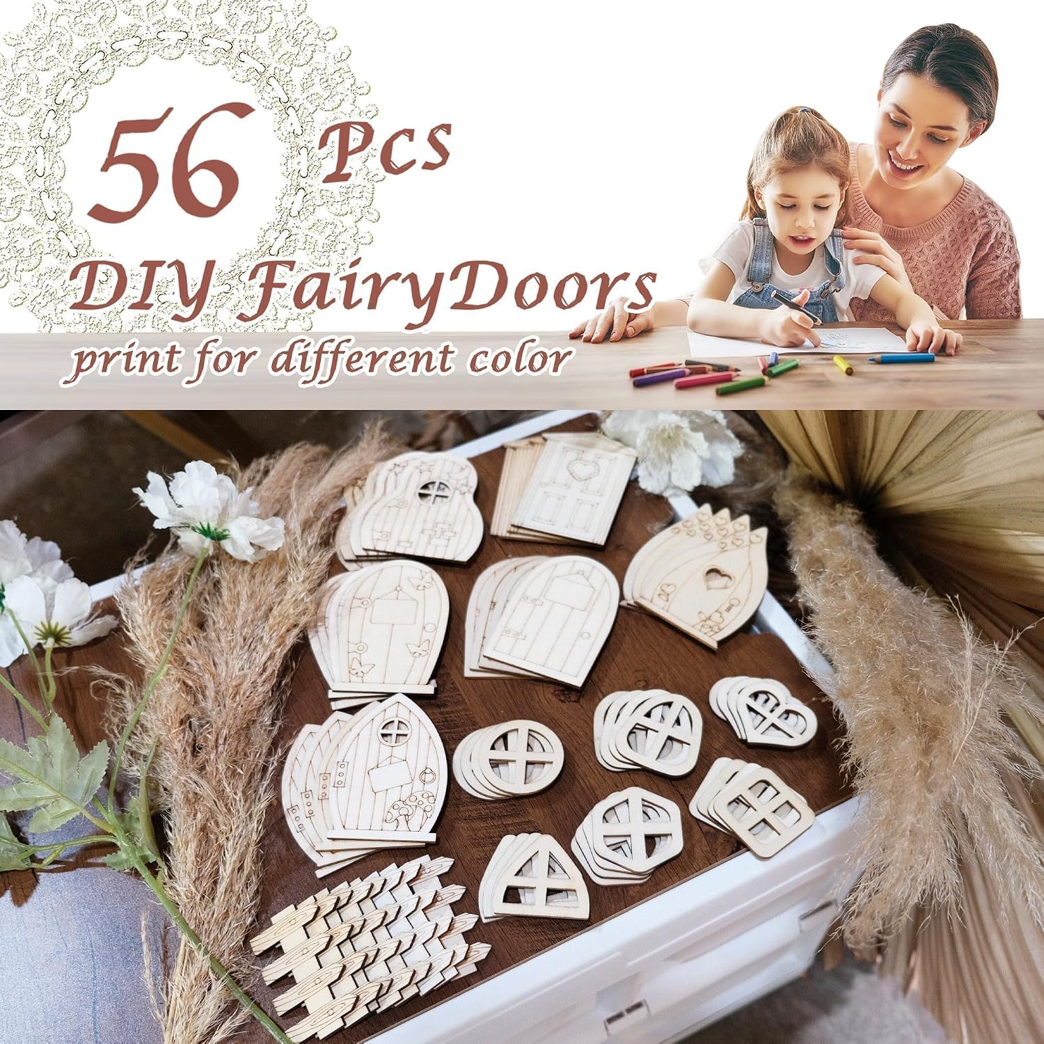 Halandar 56Pcs Wooden Fairy Door Window Unpainted Miniature Fence Craft Kit