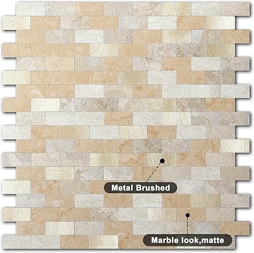 Miniatura 2 de VAOVI Azulejos adhesivos para despegar y pegar para cocina, azulejos de baño, azulejos de mármol, azulejos de ducha impermeables (5 hojas, beige