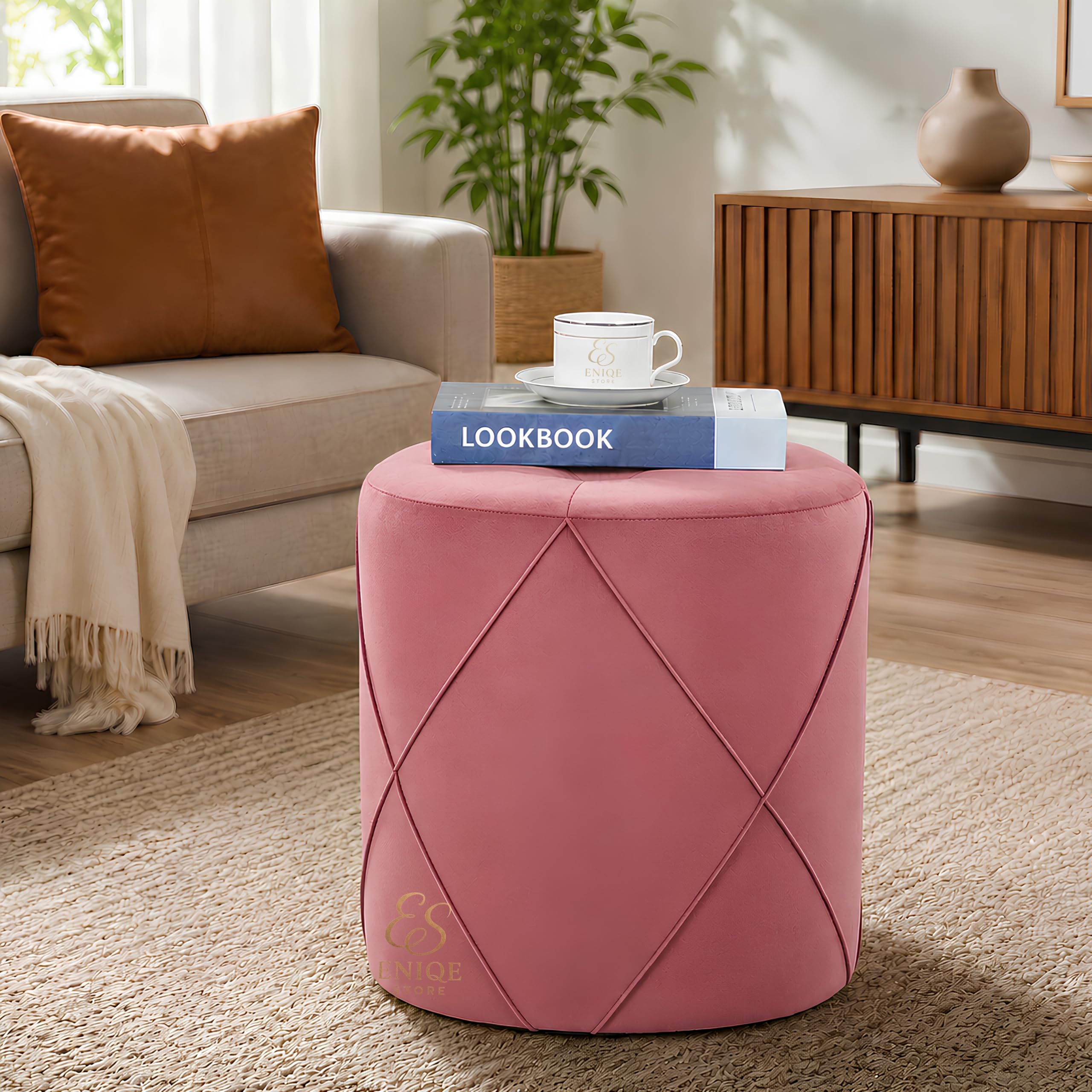Round Ottoman Stool for Living Room & Bedroom | Upholstered Velvet Fabric Foot Rest Stool | Modern Makeup Stool | Extra Seating for Home, Office & Vanity | Pink-picture-31