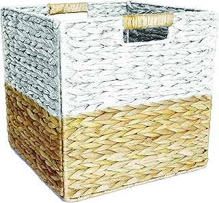 Box and Beyond Panier de Rangement en Jacinthe d'eau et Papier - Cube - Pliable - Poignées intégrées - Naturel/Blanc - 31x31x31cm