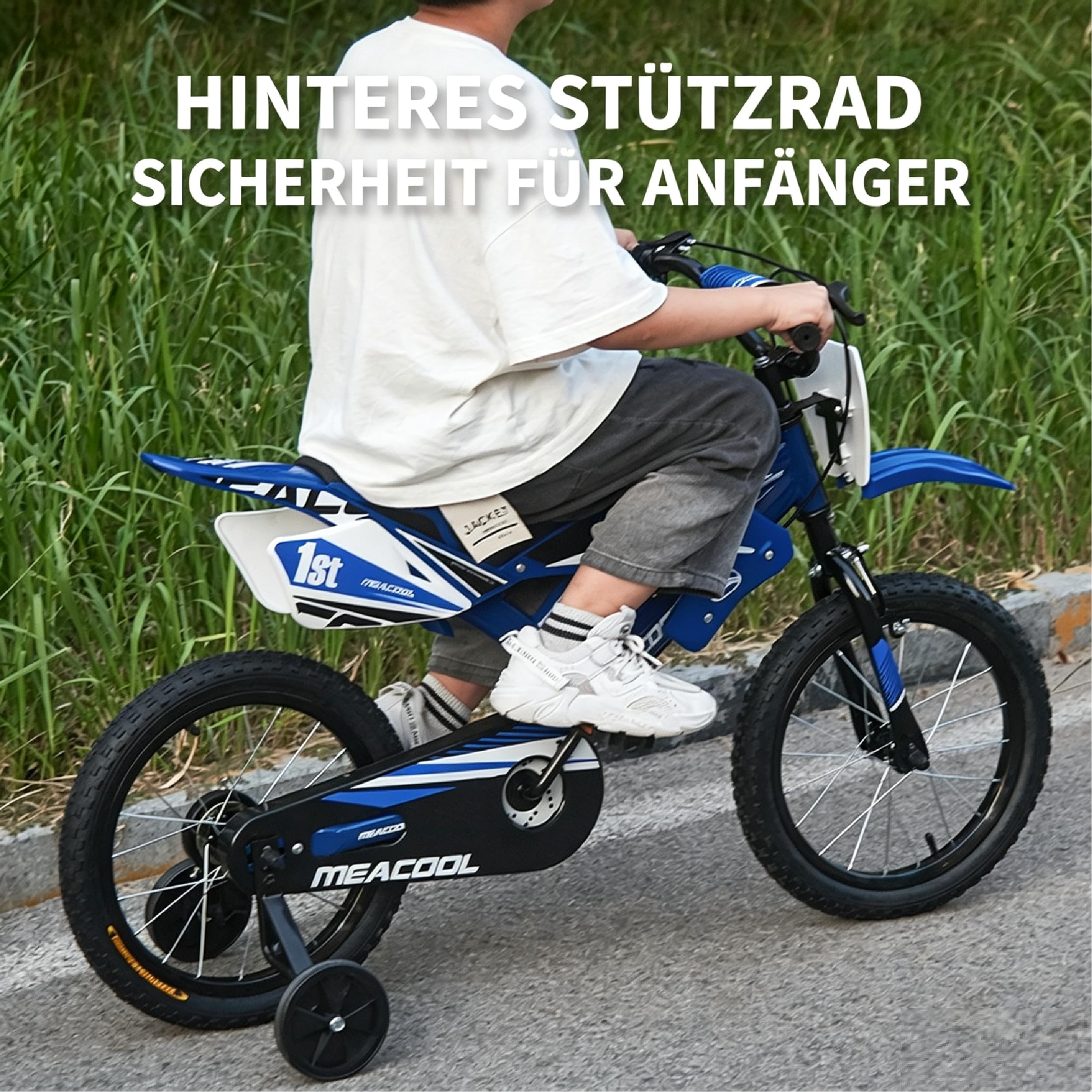 16/18 Zoll Motorrad-Stil Kinderfahrrad, Motorcross Fahrrad mit V-Brake Bremsen, Kinderfahrrad für Kinder im Alter von 4-9 Jahren mit Stützrädern und Schutzblech, 90% Vormontiert