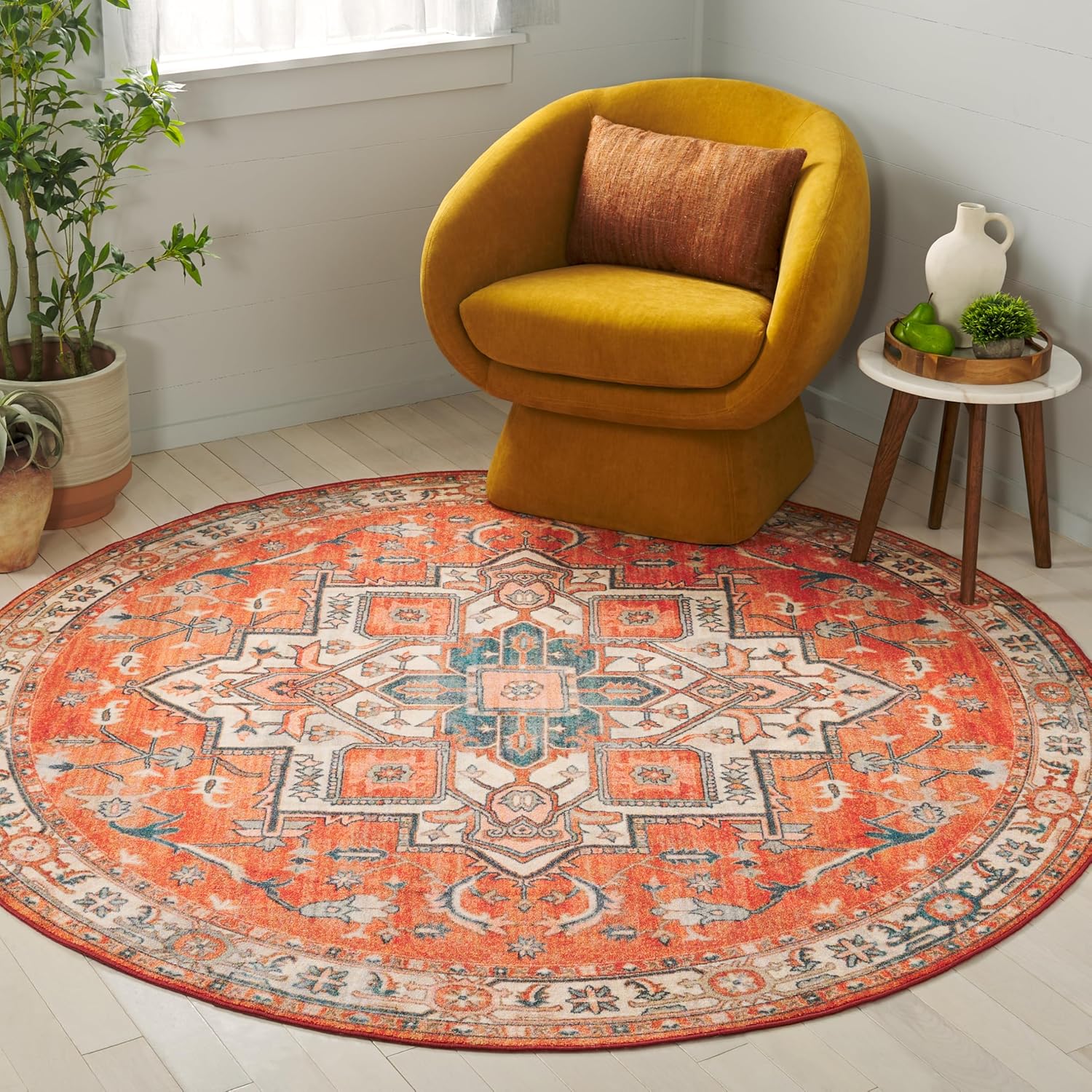 SAFAVIEH Washable Rug Journey Collection - 6'7" Square, Rust & Navy, Slip Resistant & Easy Cleaning, Ideal for Living Room, Bedroom, Dining Space (JNY100P)