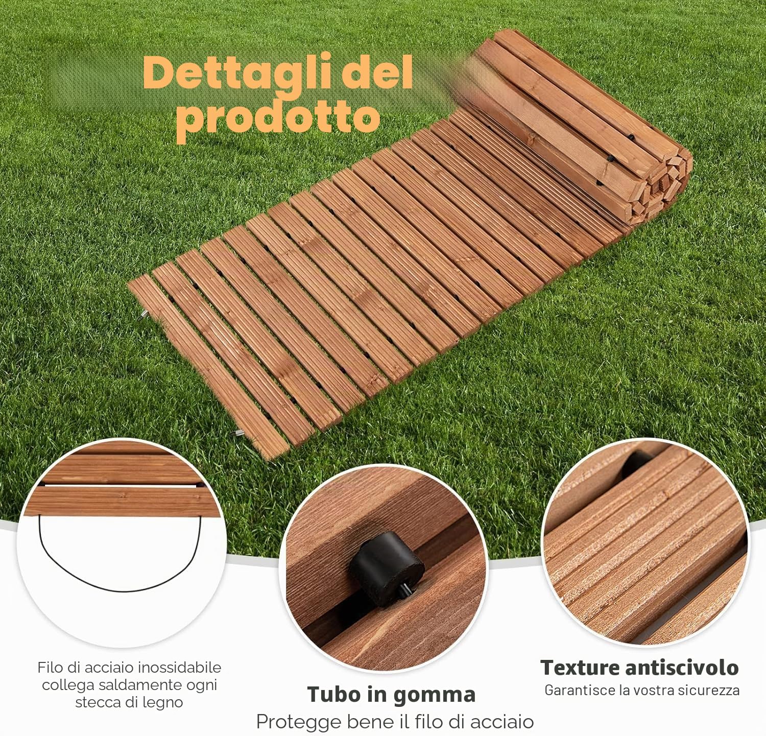 FANTASK Sentiero in legno da giardino arrotolabile, 245 cm e larghezza 55 cm e pista con filo di acciaio, marrone chiaro