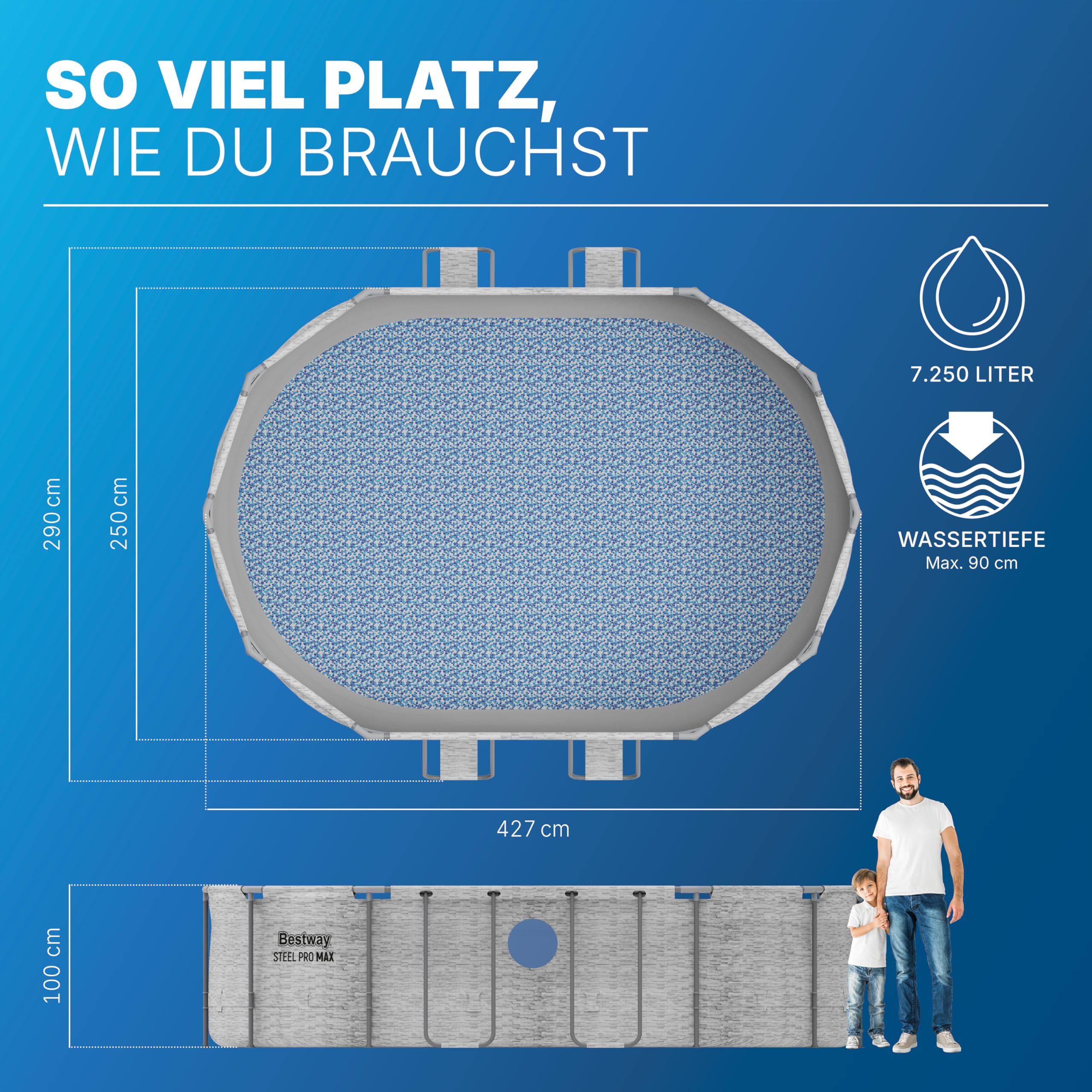 Bestway Power Steel Swim Vista Series Frame Pool Komplett-Set mit Filterpumpe 427 x 250 x 100 cm, Steinwand-Optik (Cremegrau), oval