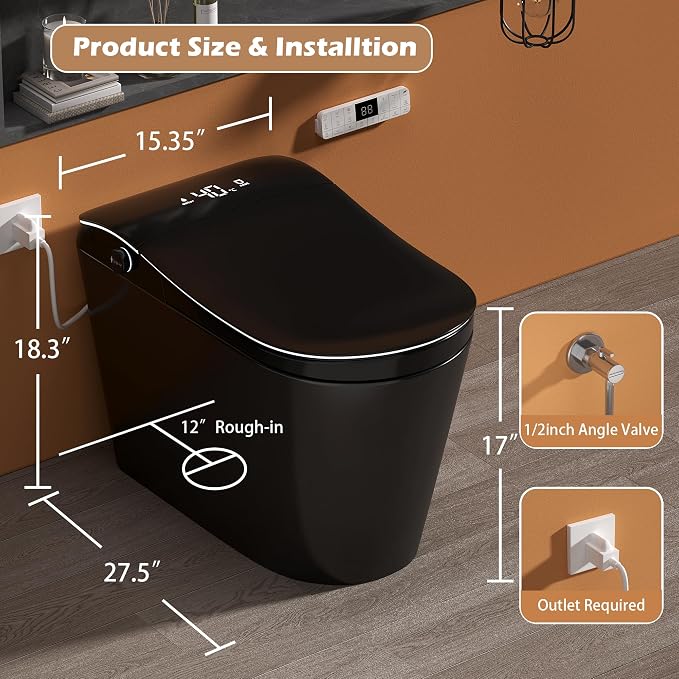 Inodoro inteligente WinZo con bidet integrado, asiento calefactado, limpieza femenina, agua tibia y función de secado, inodoros modernos sin tanque, altura ADA, pantalla LED, sensor de pie, 1.28 GPF, descarga MAP de 1000 g miniatura 2