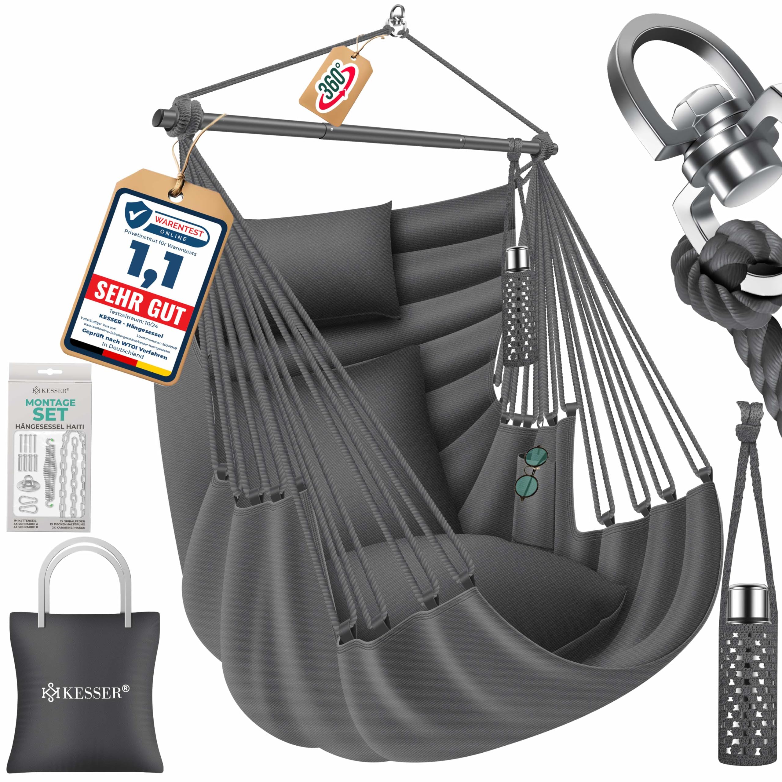 KESSER® Hängesessel Haiti 150kg Traglast, Hängestuhl 360° Drehung, Hängeschaukel Indoor-Outdoor UV-beständig & Wasserfest, Pflegeleicht, Inkl. 2 Kissen, Tragetasche, Flaschenhalter & Montage-Set