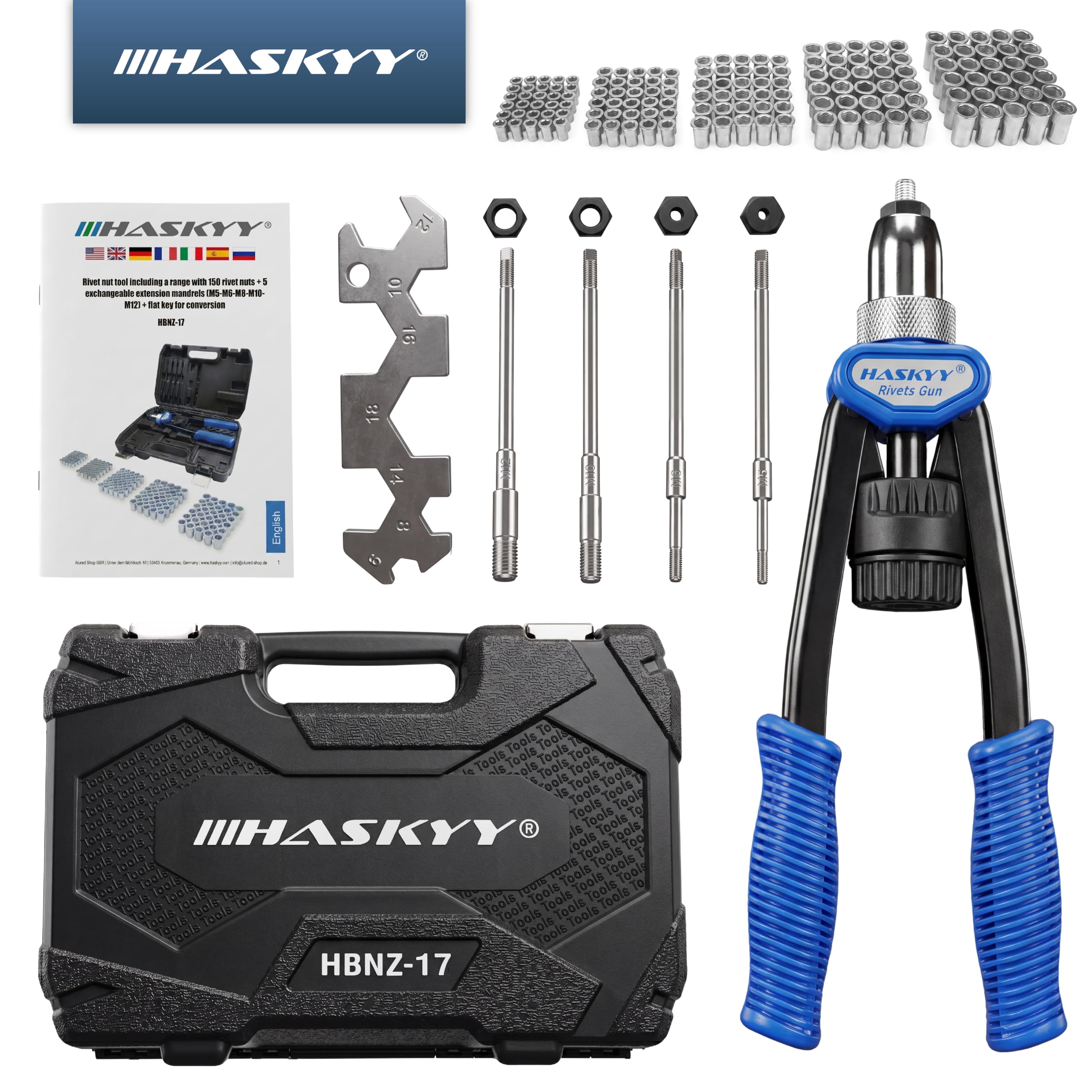 HASKYY Kit profesional de remachadora para tuercas remachables (Rivnut) + 150 tuercas de acero -M5/M6/M8/M10/M12 (30 uds cada medida)