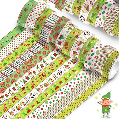 Miniatura 4 de Cinta Washi de Navidad, 12 rollos de cinta Washi de elfo de Navidad, juego de cinta de embalaje, cinta adhesiva adhesiva de papel decorativo, cinta