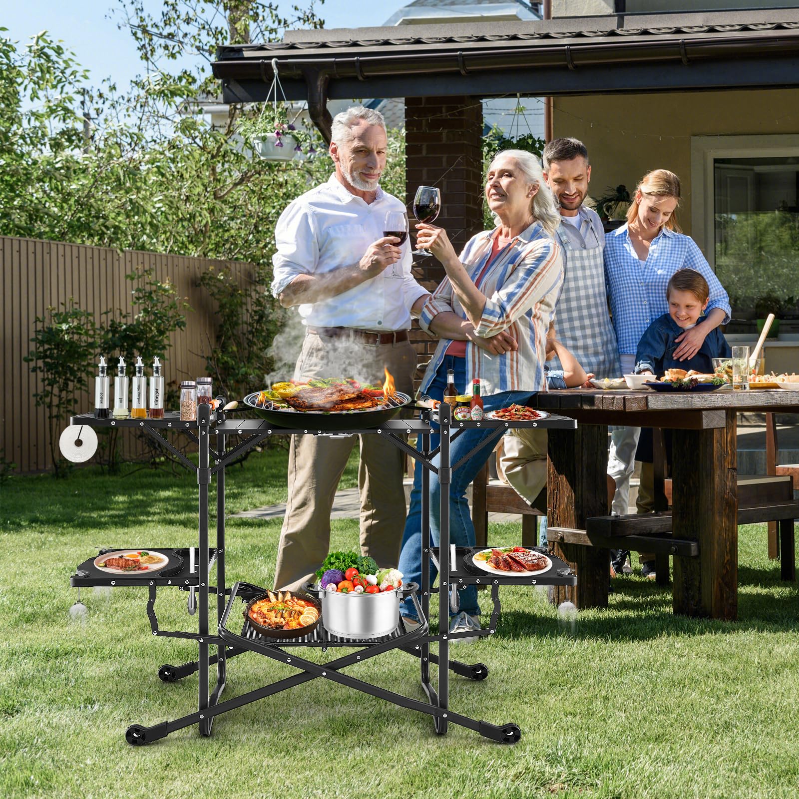 COSTWAY Campingküche klappbar, Reiseküche mit Aluminium-Tischplatte, 4 Seitentischen, Ablage & Tragetasche, Camping Küche, Outdoor-Kochstation für Picknick, Grillen, Camping und Reisen