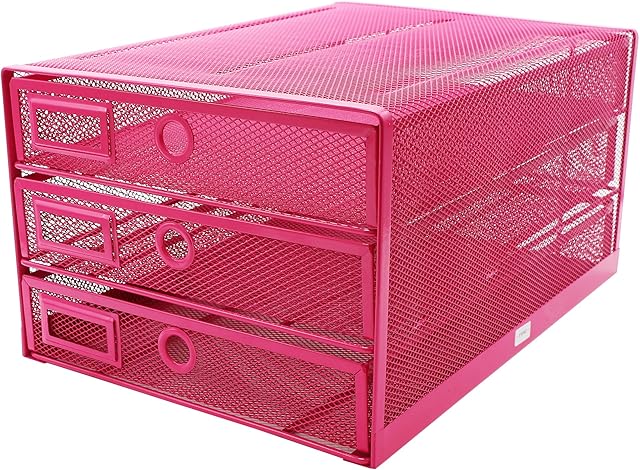 EXERZ Paper Sorter 3 Drawer Wire Mesh A4 / Desk Multifunctional Desk Organiser/Multi-Layer Letter Tray - for Documents, Magazines, Notebooks and Letter (Pink)