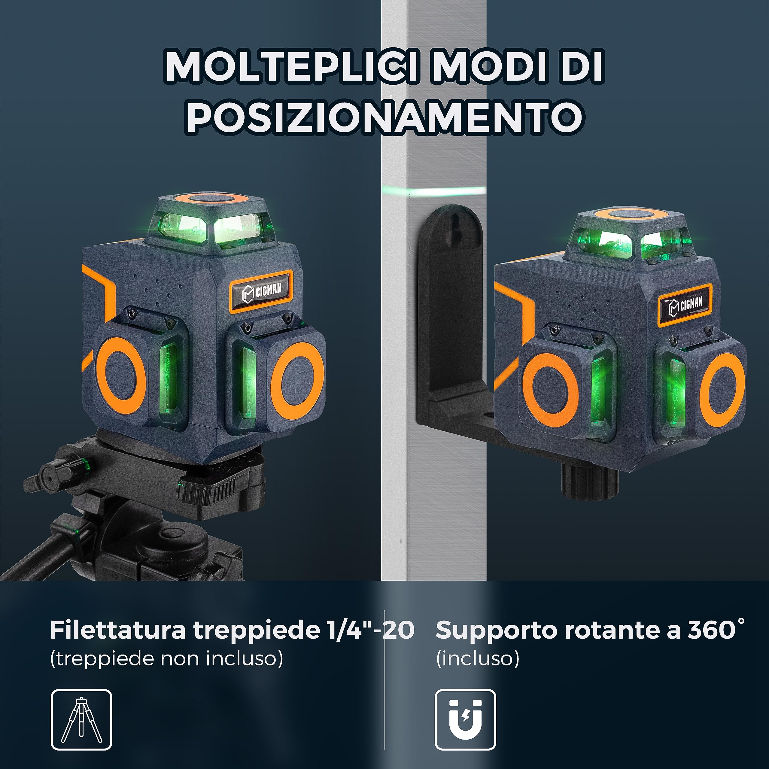 Livella Laser Autolivellante, CIGMAN 3 x 360° Verde, Gamma di Lavoro: 30M, Laser Autolivellante con Batteria al Litio Ricaricabile e telecomando, Luminosità Regolabile CM701SE