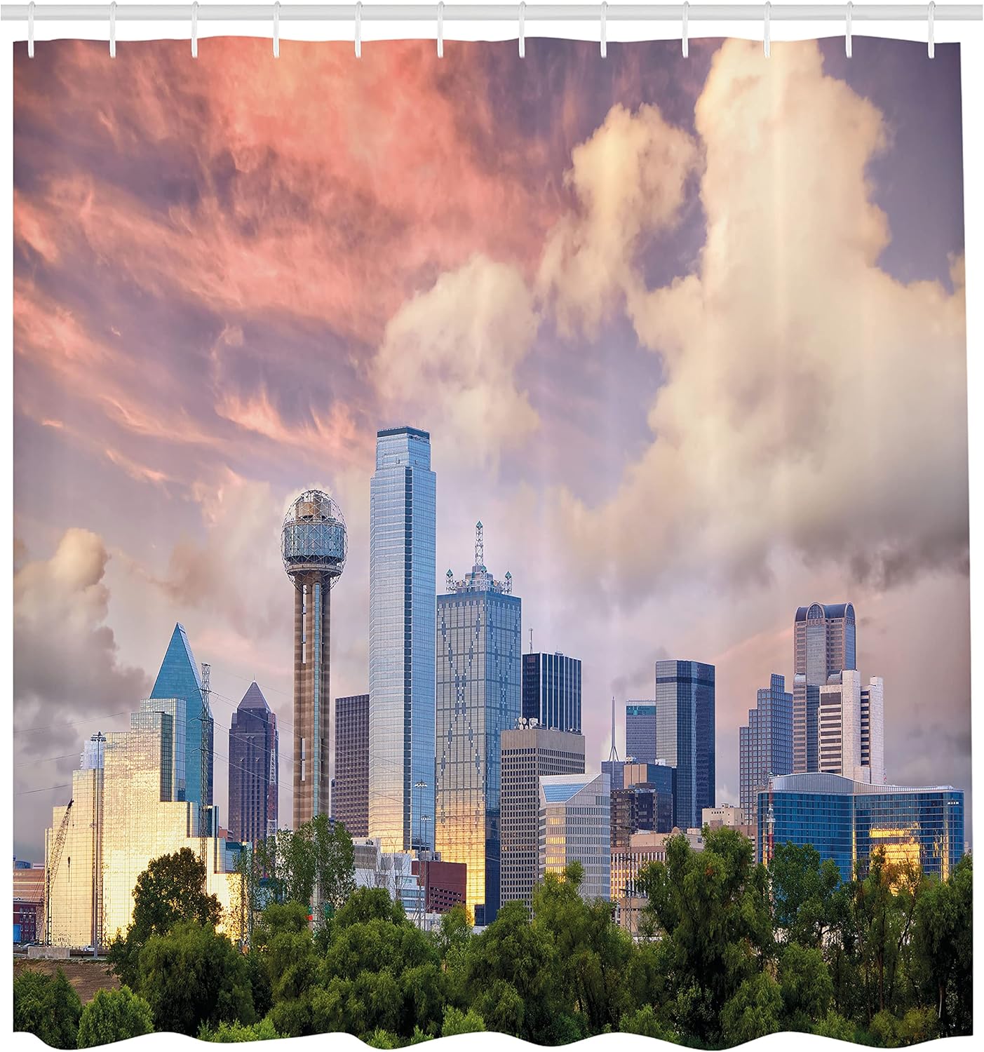 Ambesonne United States Shower Curtain, Dallas City Skyline at Sunset Clouds Texas Highrise Skyscrapers Landmark, Cloth Fabric Bathroom Decor Set with Hooks, 69" W x 75" L, Multicolor