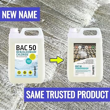 Liquipak BAC 50 2x5L Benzalkonium Chloride Concentrated 10L – ideal for roof cleaning, soft washing, patios, decking, driveways & outdoor surfaces with lasting results.