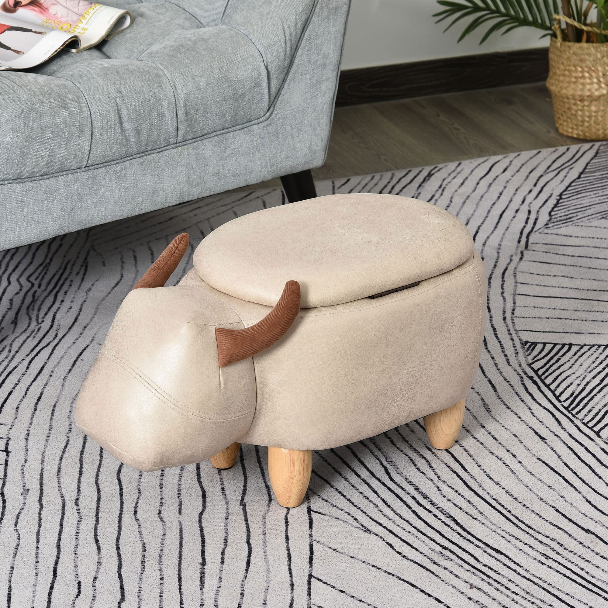HOMCOM - Taburete de vaca - Puf Vachette - Puf Tauro Baúl de almacenamiento 2 en 1 - Patas de madera de caucho, revestimiento sintético, aspecto crema
