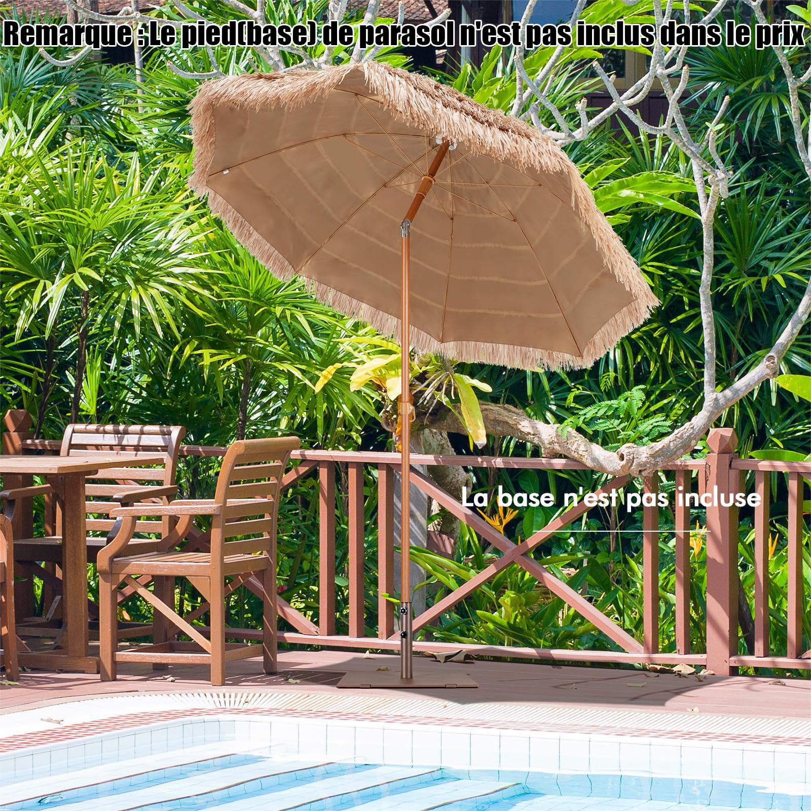 COSTWAY Parasol de Jardin Exterieur Ø220 cm, Parasol Balcon Solaire en Paille PP à 7 Couches, Style Hawaïen Exotique, 30° Inclinaison Réglable et Manivelle, 8 Baleines, pour Jardin Plage Piscine