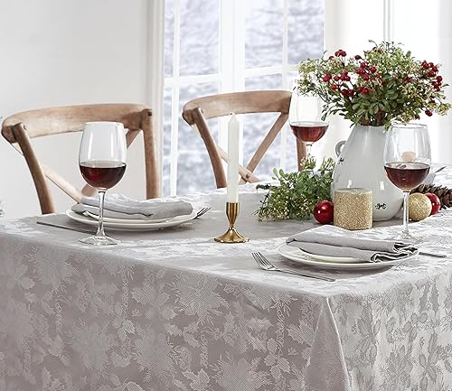 Miniatura 7 de Newbridge Christmas Carol Holiday Noel - Mantel de tela de damasco, rectangular de 60 x 84 pulgadas, gris, tejido de flor de pascua de hoja de