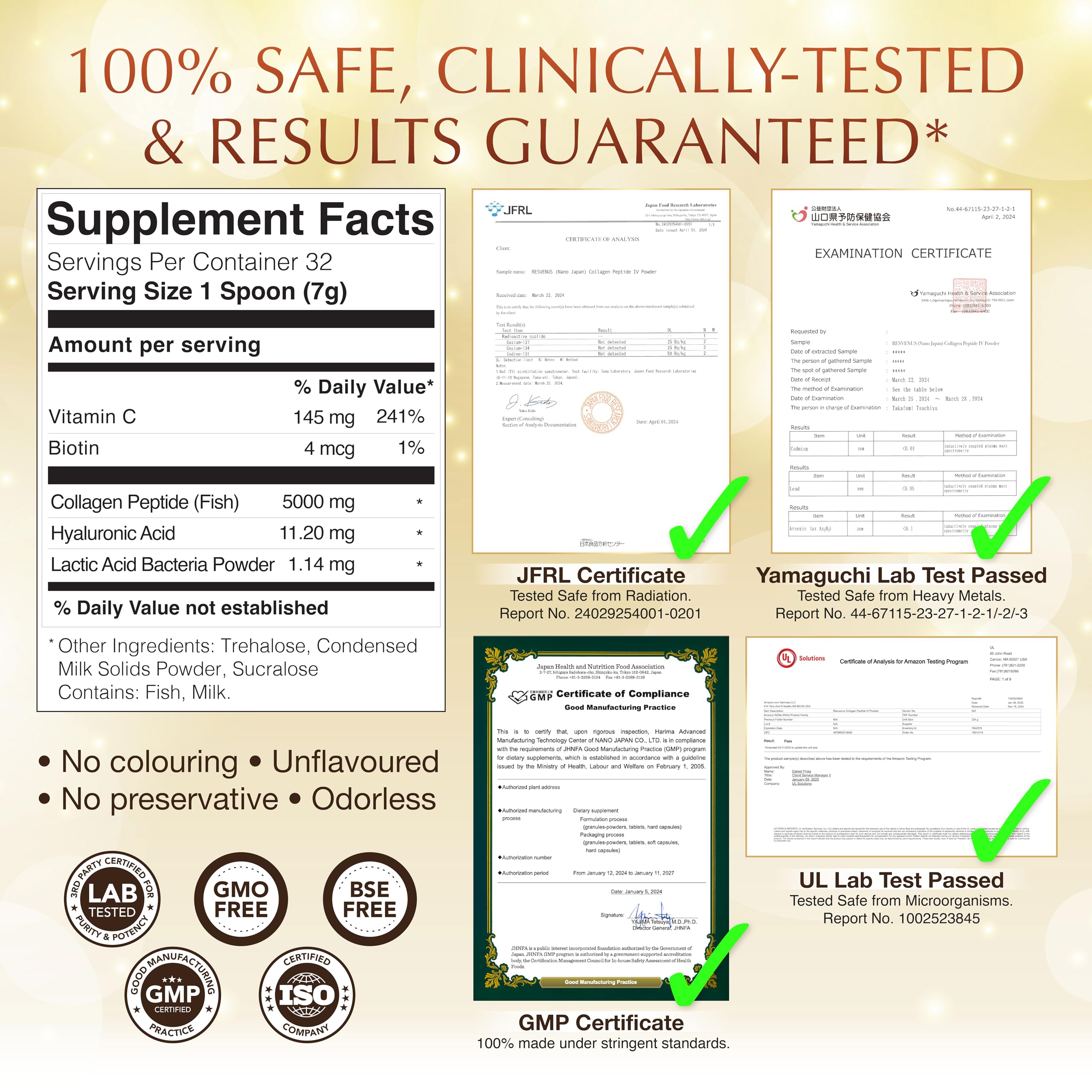 Collagen Peptide IV - Daily Beauty Supplement Formula, Japanese 6-in-1 Beauty Powder for Skin, Hair & Nails, Hydrolyzed Collagen with Hyaluronic Acid, Vitamin C, Unflavored, 32 Servings