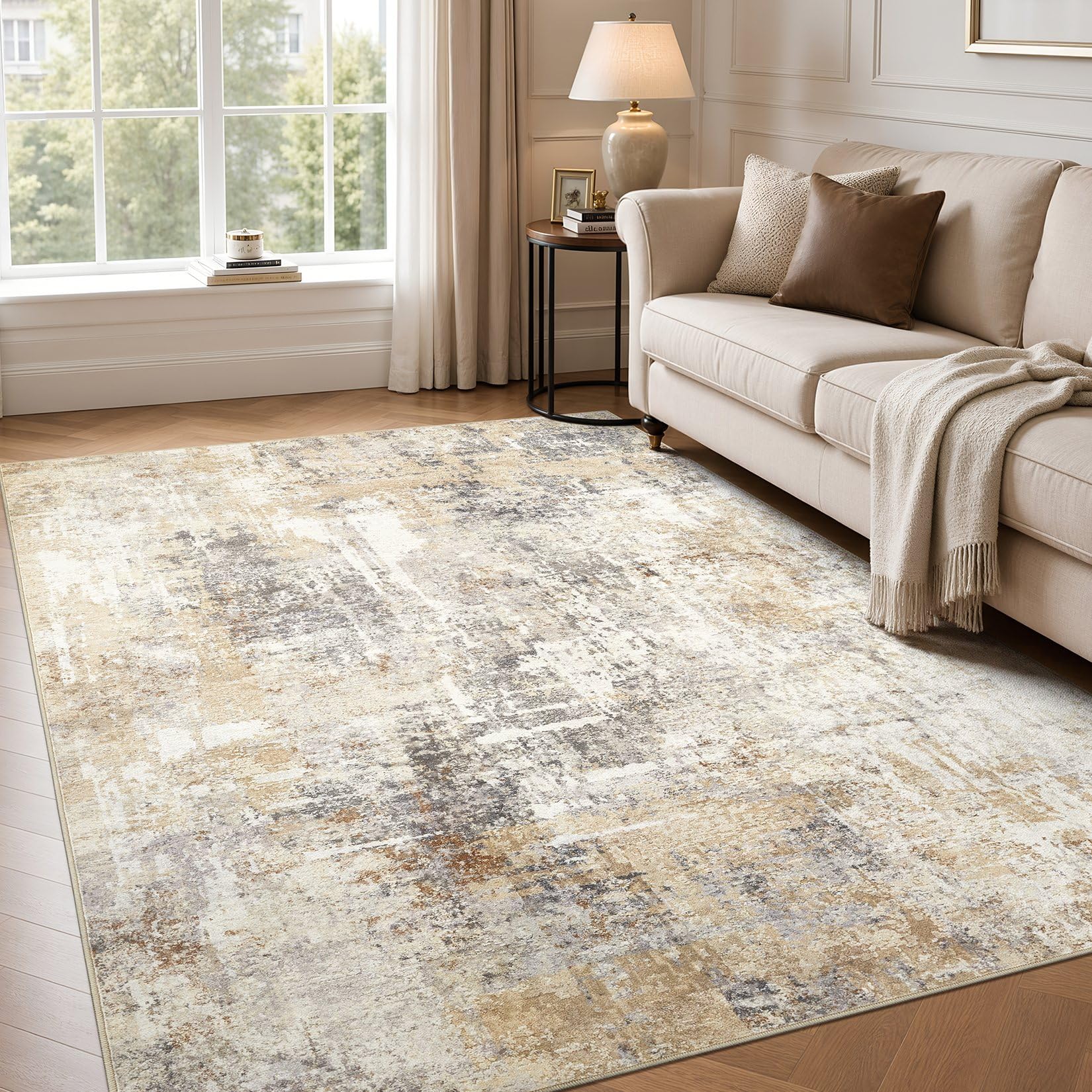 DMOYEST Modern Abstract Washable Rug for Living Room 120x170cm Sand Beige
