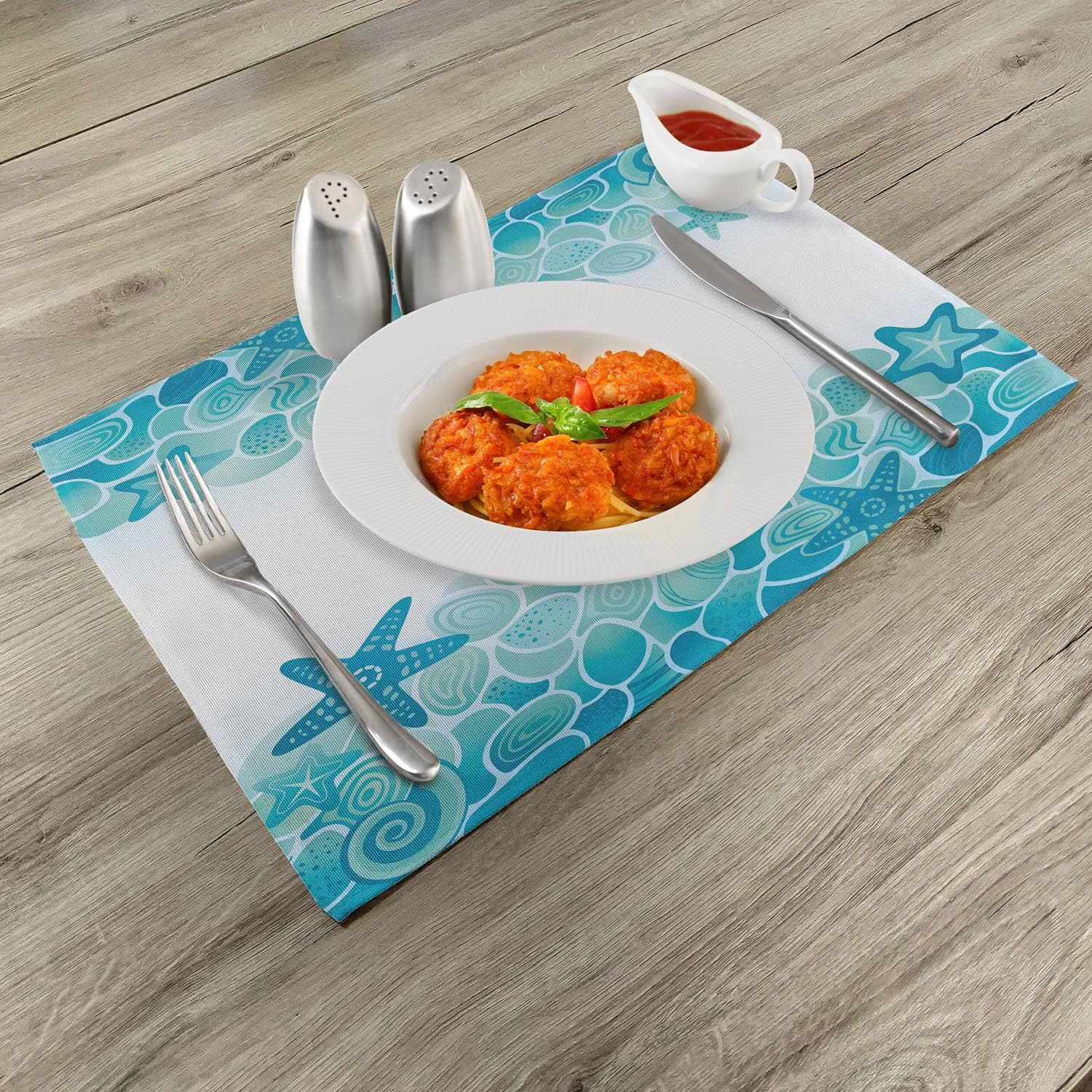 Lunarable Ocean Place Mats Set of 4, Modern Sealife Marine Sea Shells Stars Fish Under The Sea Image, Washable Fabric Placemats for Dining Table, Standard Size, Turquoise Seafoam