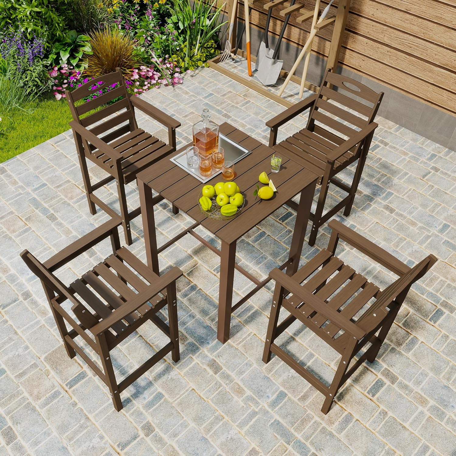 Domi HDPE Adirondack Patio Table and Chairs Set of 5, Outdoor HDPE Patio Bar Set, All Weather Bar Chairs and Table Set for Patio, Balcony, Backyard, Poolside, Light Brown