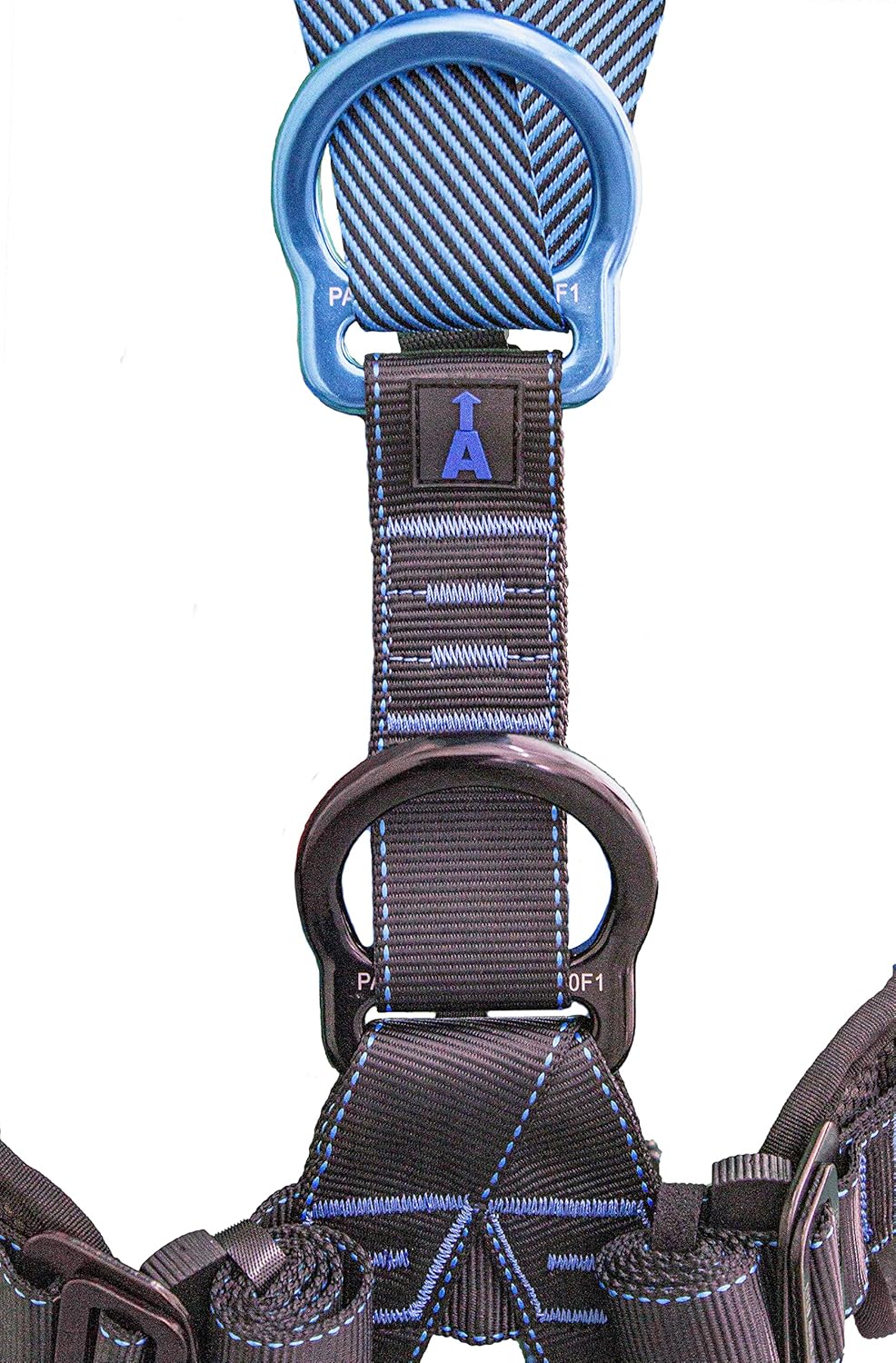 Close-up of a D-ring and adjustment strap on the Irudek Wind Blue 3 harness