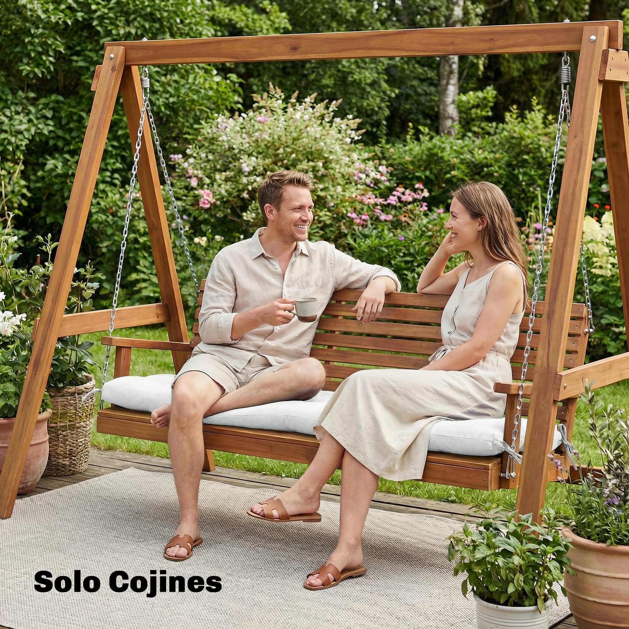 Outsunny Cojín para Banco Exterior y Tumbona UV50+ 198x65x13 cm Crema | Cojín para Banco y Tumbona de Jardín, con Correas de Sujeción, Rebote Lento, para Interior y Exterior