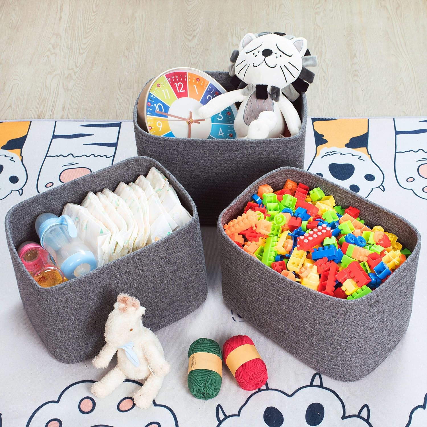 MINTWOOD Design 3-Pack Decorative Woven Storage Baskets for Shelves, Cube Bin Box for Organizing Books, Shoes, Dog Toys, Pantry Closet and Living Room Organizer, Charcoal Gray