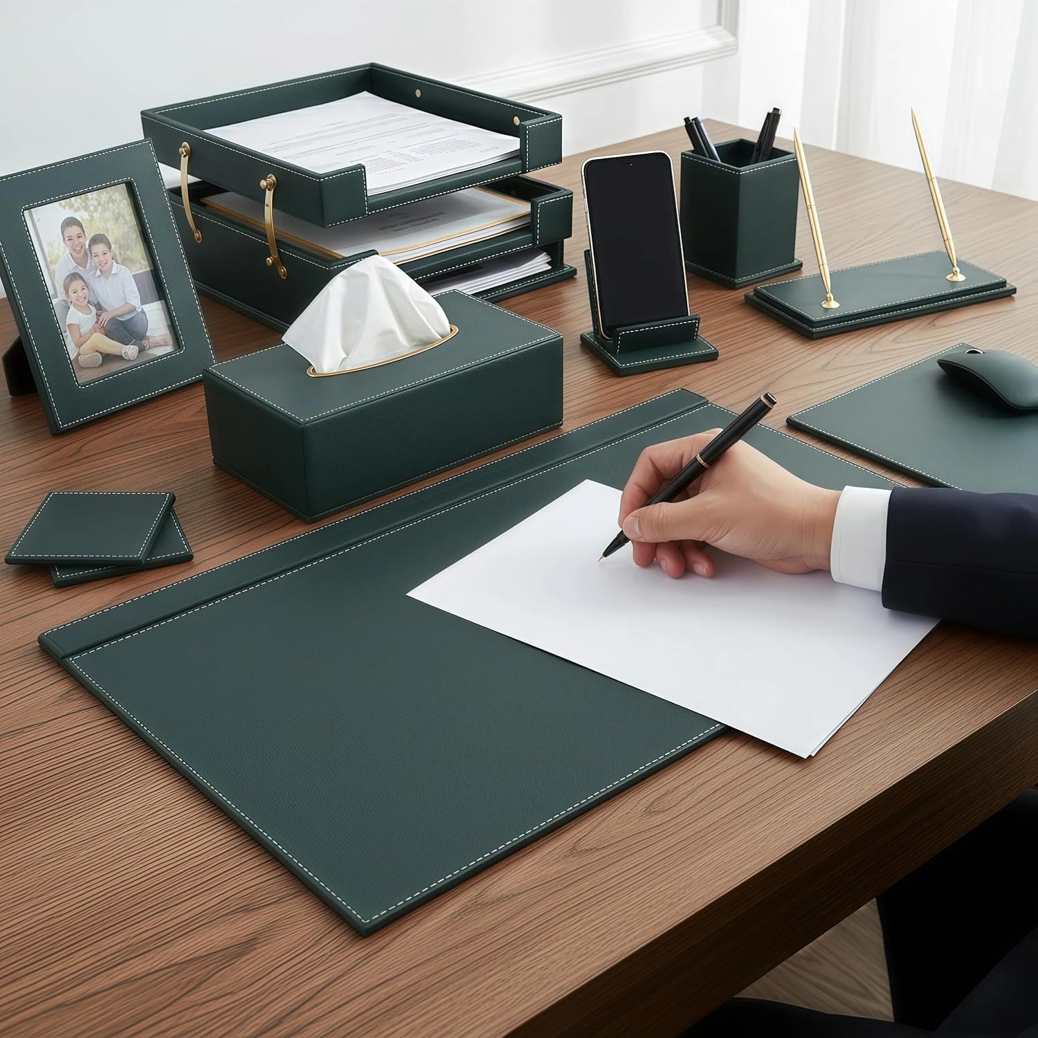 Leather Desk Set, 15-Piece Leather Desk Organizer, Executive Desk Organizer with Desk Pad & Blotter, 2-Tier Tray, Pen Holder, Office Accessories, Executive Desk Accessories(Green)