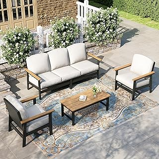 HERA'S HOUSE HDPE Patio Furniture Set, 4-Piece Outdoor Wicker Conversati...