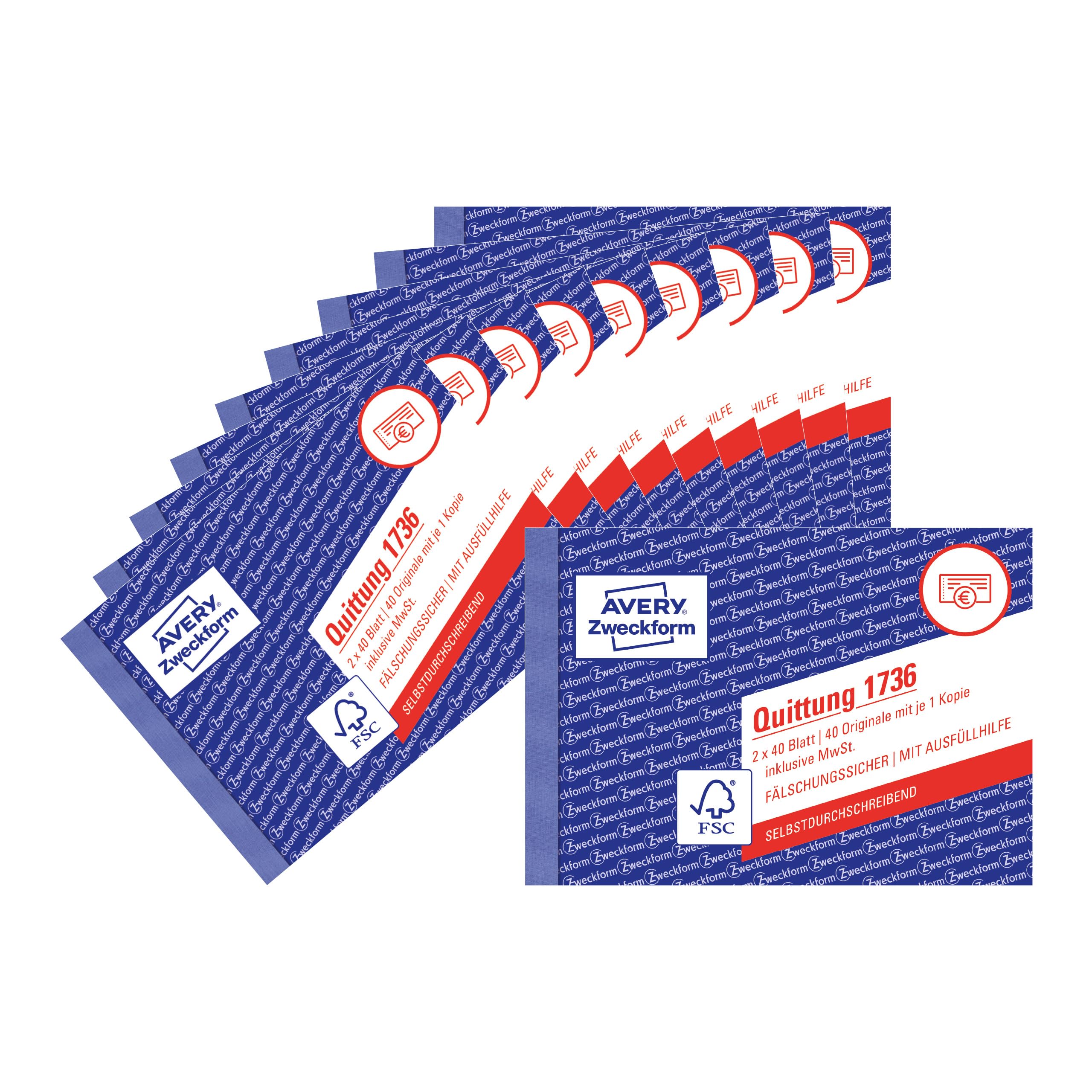 AVERY Zweckform 1736-10 Quittungsblock (A6 quer, 2x40 Blatt, mit Durchschlag, fälschungssicher, inkl. MwSt., für Deutschland und Österreich) 10er-Pack, weiß/gelb