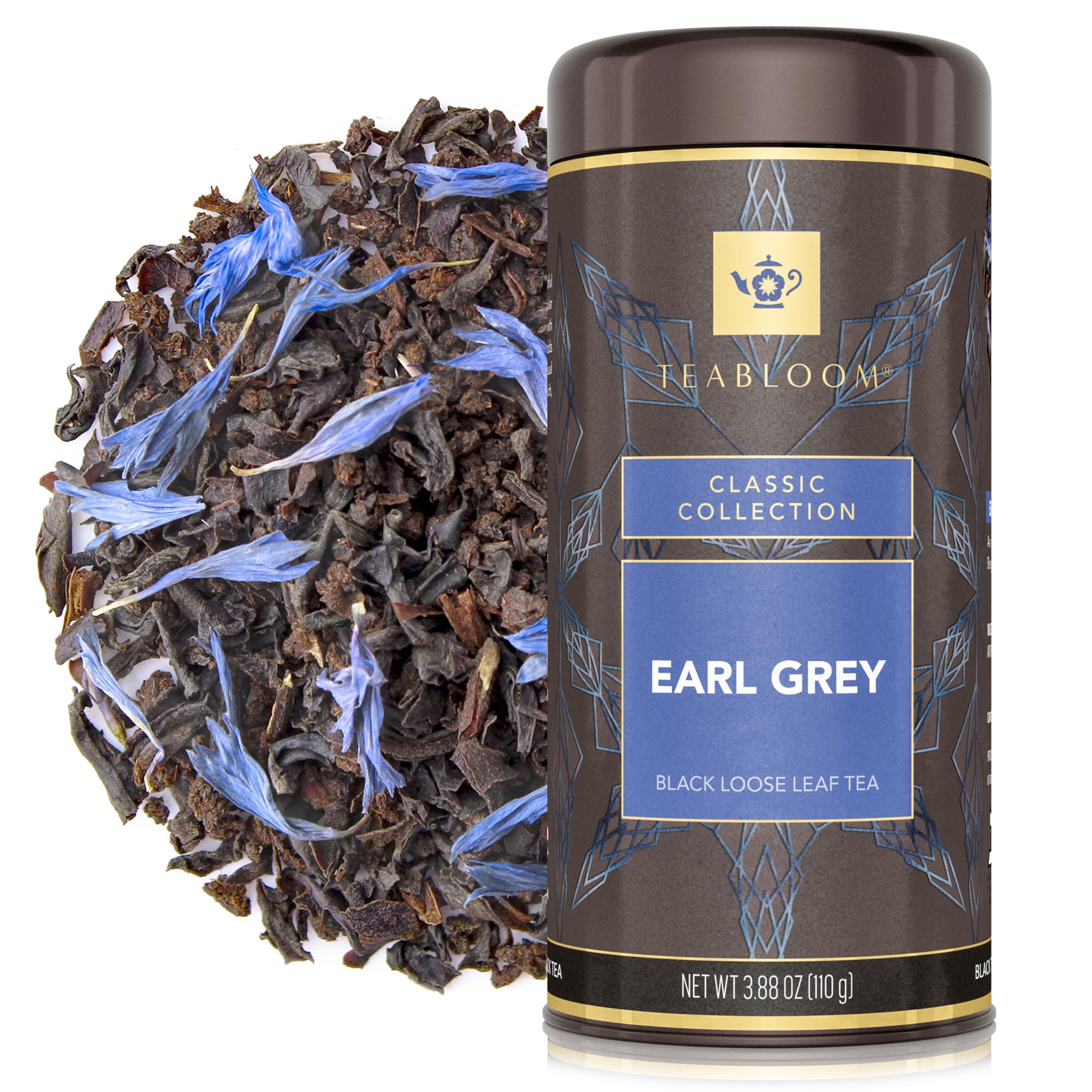 Teabloom Kosher Certified Earl Grey Loose Leaf Tea, Classic Assam Tea With Blue Cornflower Petals, 3.88 Ounce Canister Makes 35-50 Cups