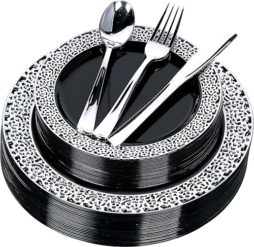 FOMOICA Royal Blue Silver Plastic Plates and Silverware - 125 Pcs Disposable Premium Plastic Dinnerware Set Reusable Navy Dinner Plates, Forks,