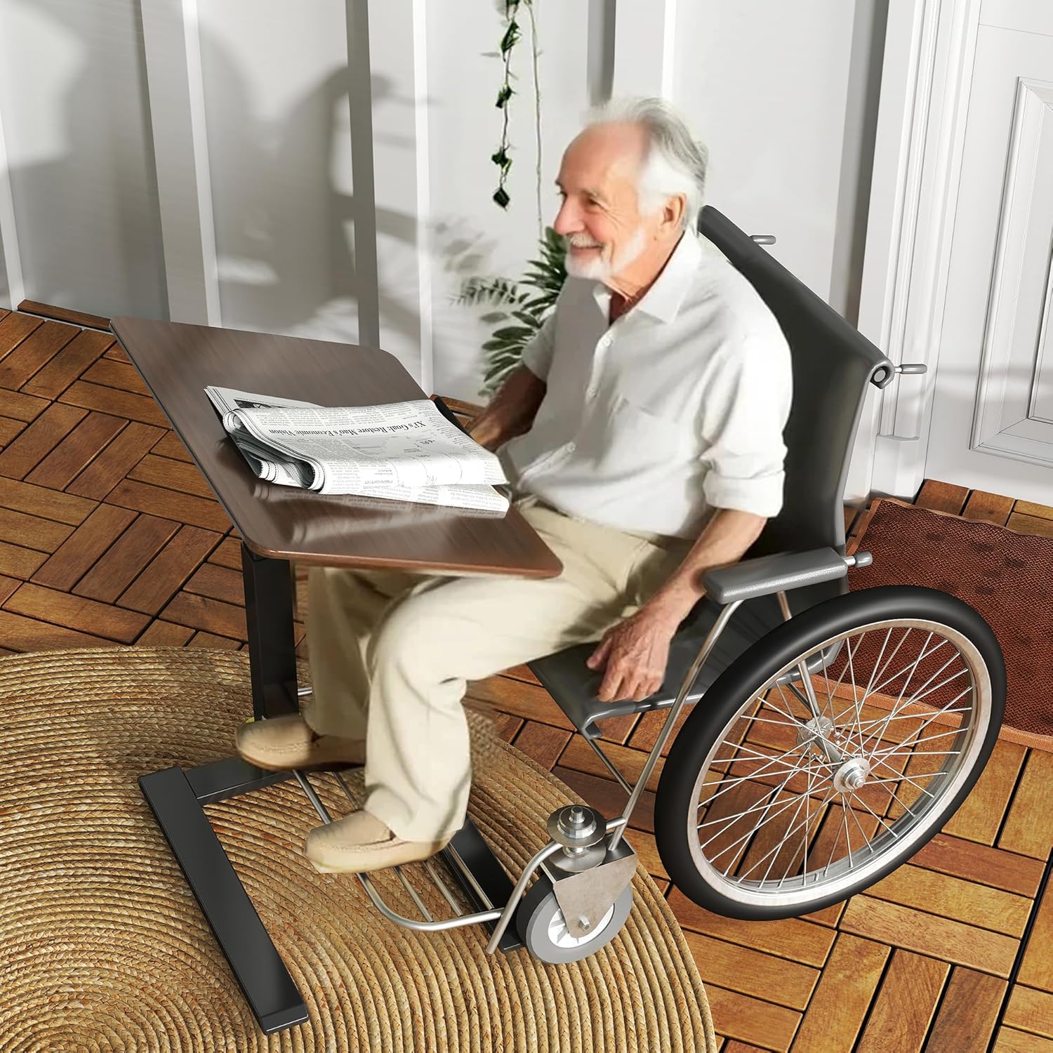 ETHU Compact Overbed Table with Tilting Tabletop, 20-29.7 Inch Adjustable Height Mobile Table for Hospital and Home, Adjustable Bedside Table with Safety Edge for Wheelchair, Sofa and Treadmill, Brown