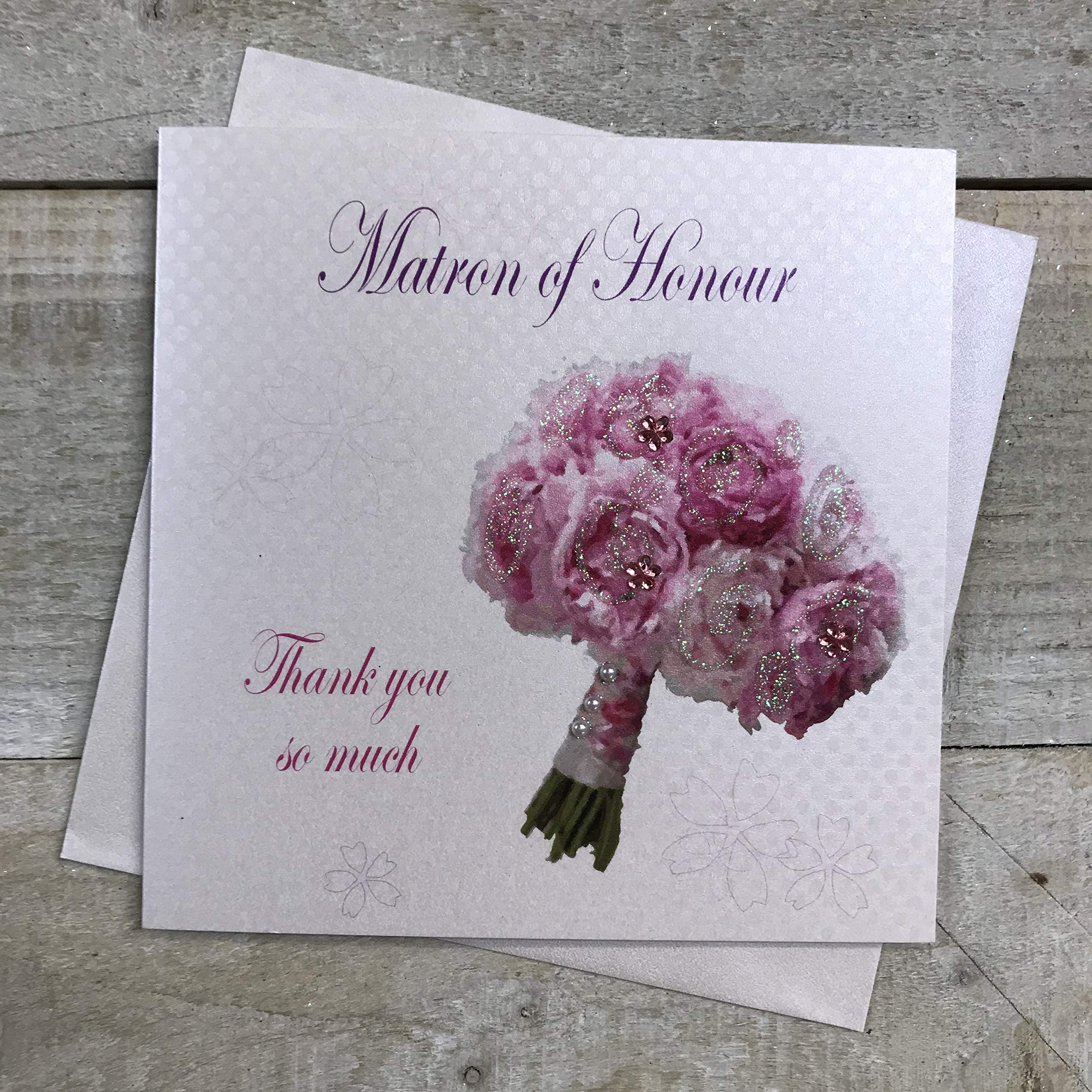 WHITE COTTON CARDS Matron of Honour Thank You So Much Wedding Handmade Card with Bouquet, White, PD16